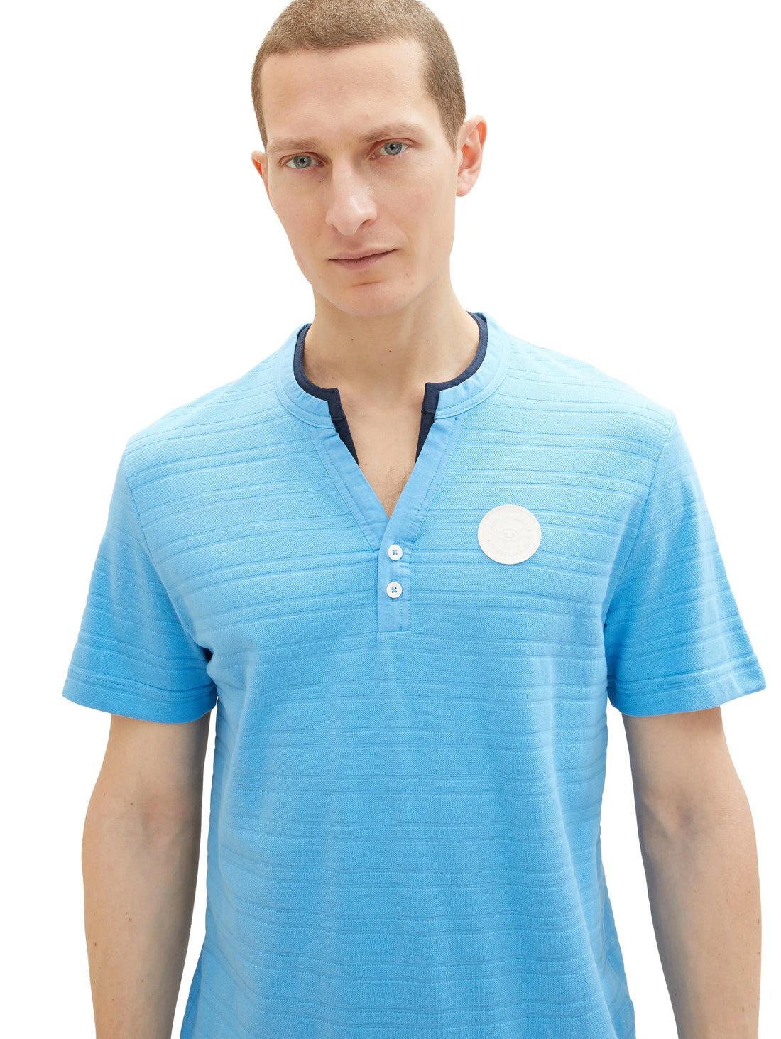 Tom Tailor Rainy Sky Blue Men Serafino T-Shirt with Texture SKU: 1036346_18395 Image 01