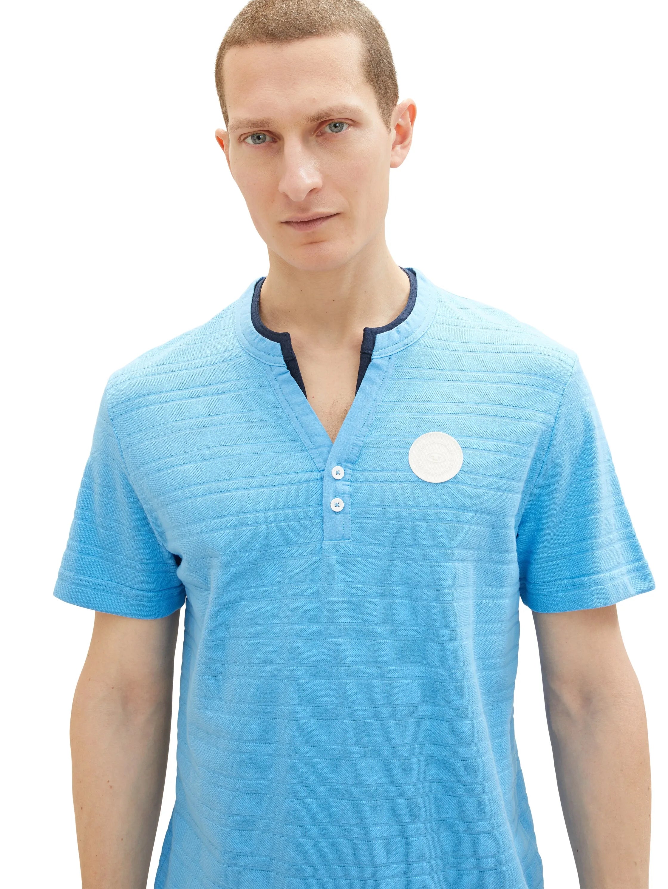 Tom Tailor Rainy Sky Blue Men Serafino T-Shirt with Texture SKU: 1036346_18395 Image 01