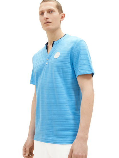 Tom Tailor Rainy Sky Blue Men Serafino T-Shirt with Texture SKU: 1036346_18395 Image 02