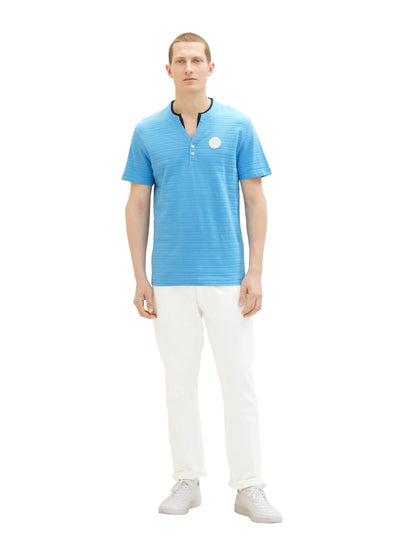 Tom Tailor Rainy Sky Blue Men Serafino T-Shirt with Texture SKU: 1036346_18395 Image 04