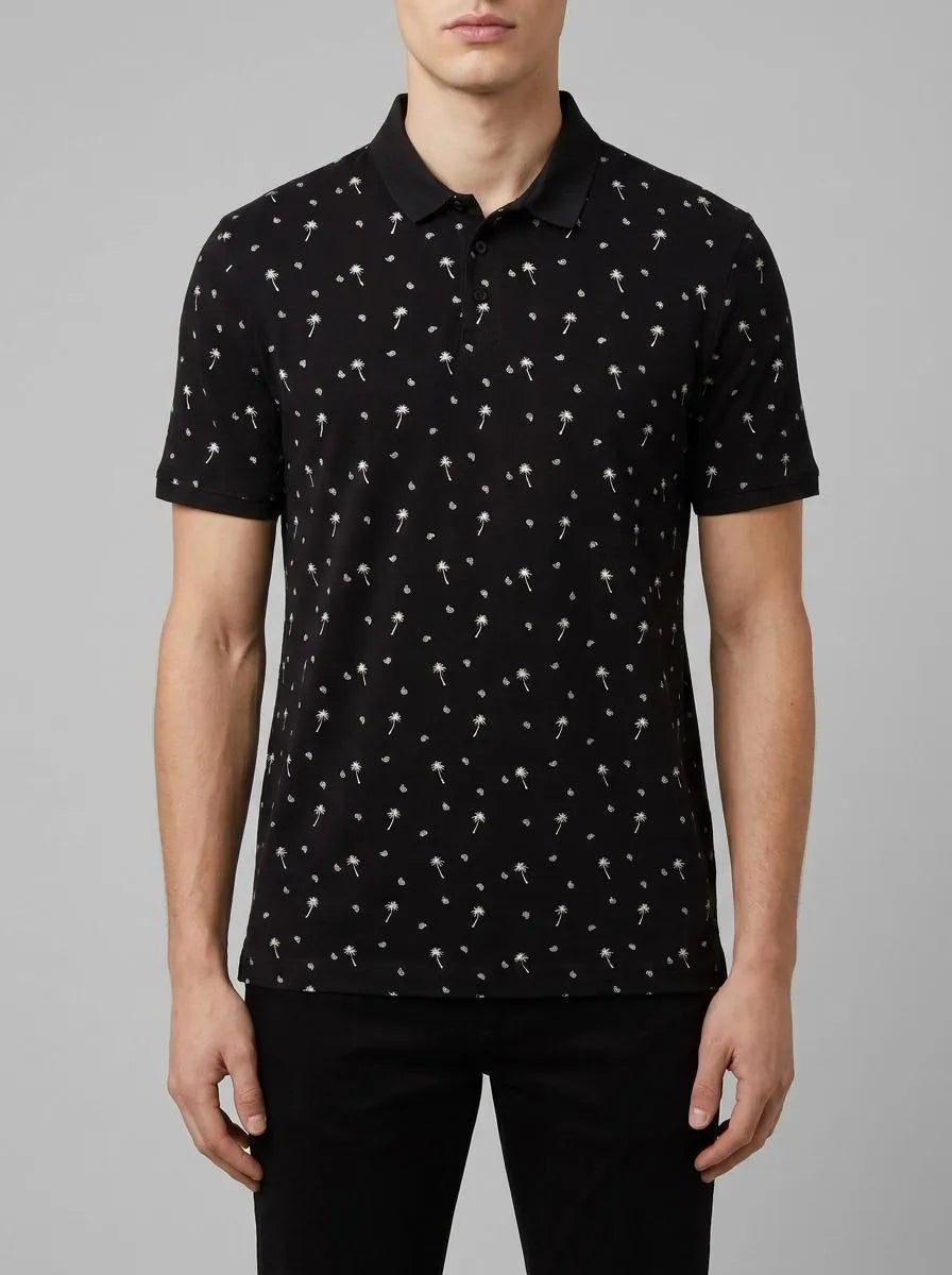 Denim Tom Tailor Black White Mini Palm Paisley Men Regular Fit Short-Sleeved Polo Shirt SKU: 1036404_31914 Image 00