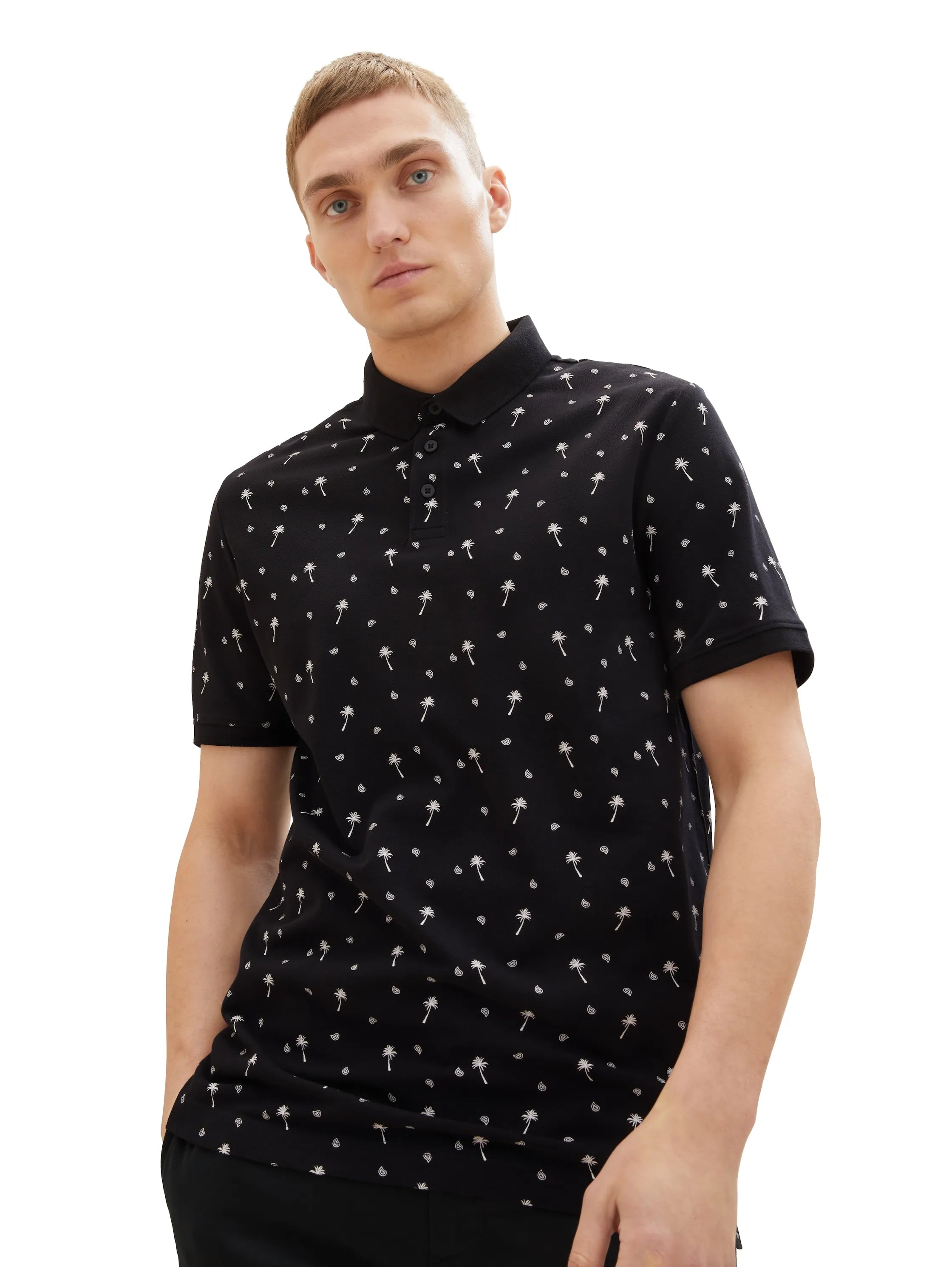 Denim Tom Tailor Black White Mini Palm Paisley Men Regular Fit Short-Sleeved Polo Shirt SKU: 1036404_31914 Image 01