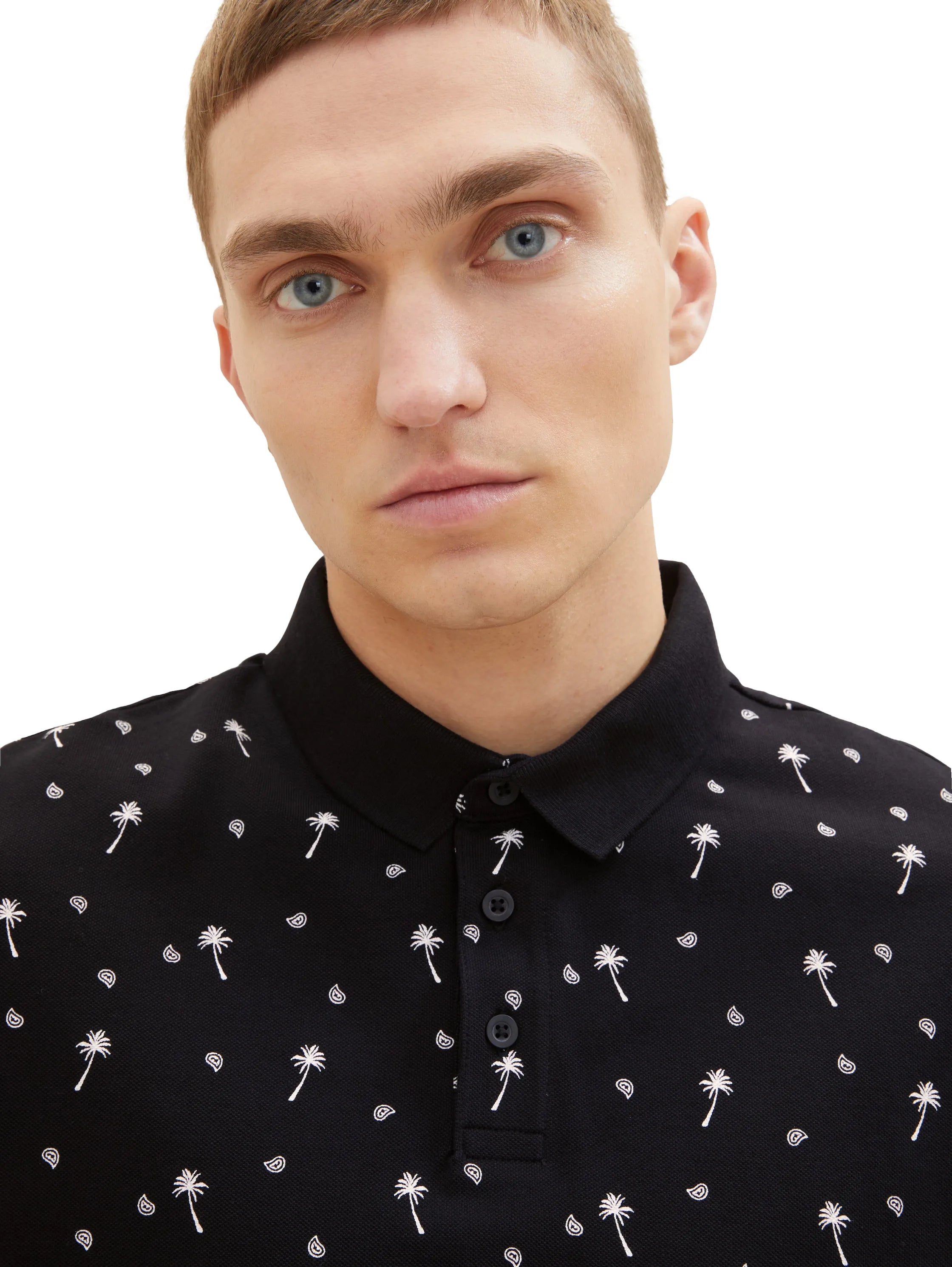 Denim Tom Tailor Black White Mini Palm Paisley Men Regular Fit Short-Sleeved Polo Shirt SKU: 1036404_31914 Image 02