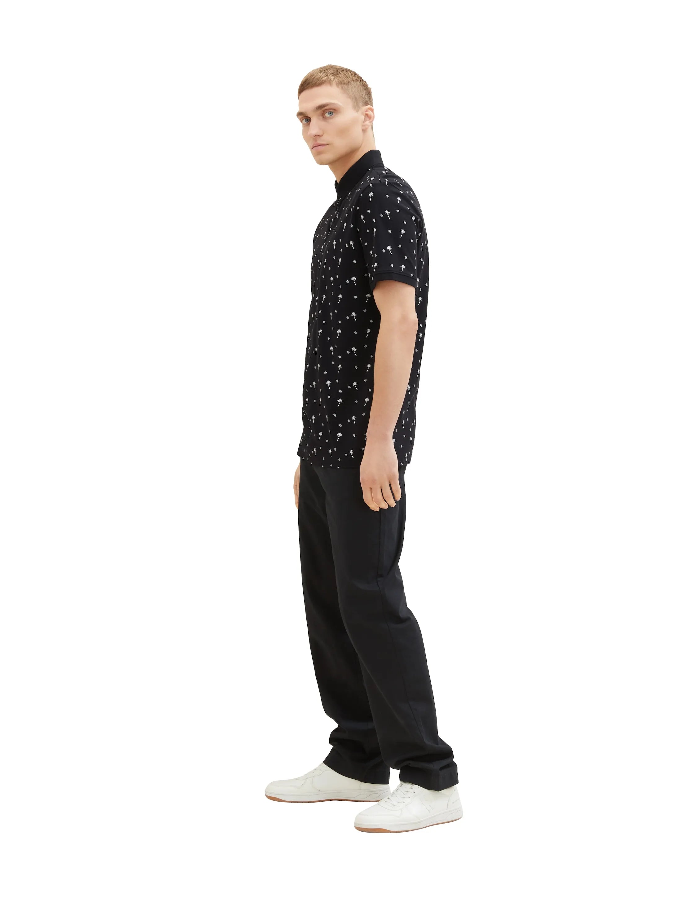 Denim Tom Tailor Black White Mini Palm Paisley Men Regular Fit Short-Sleeved Polo Shirt SKU: 1036404_31914 Image 05