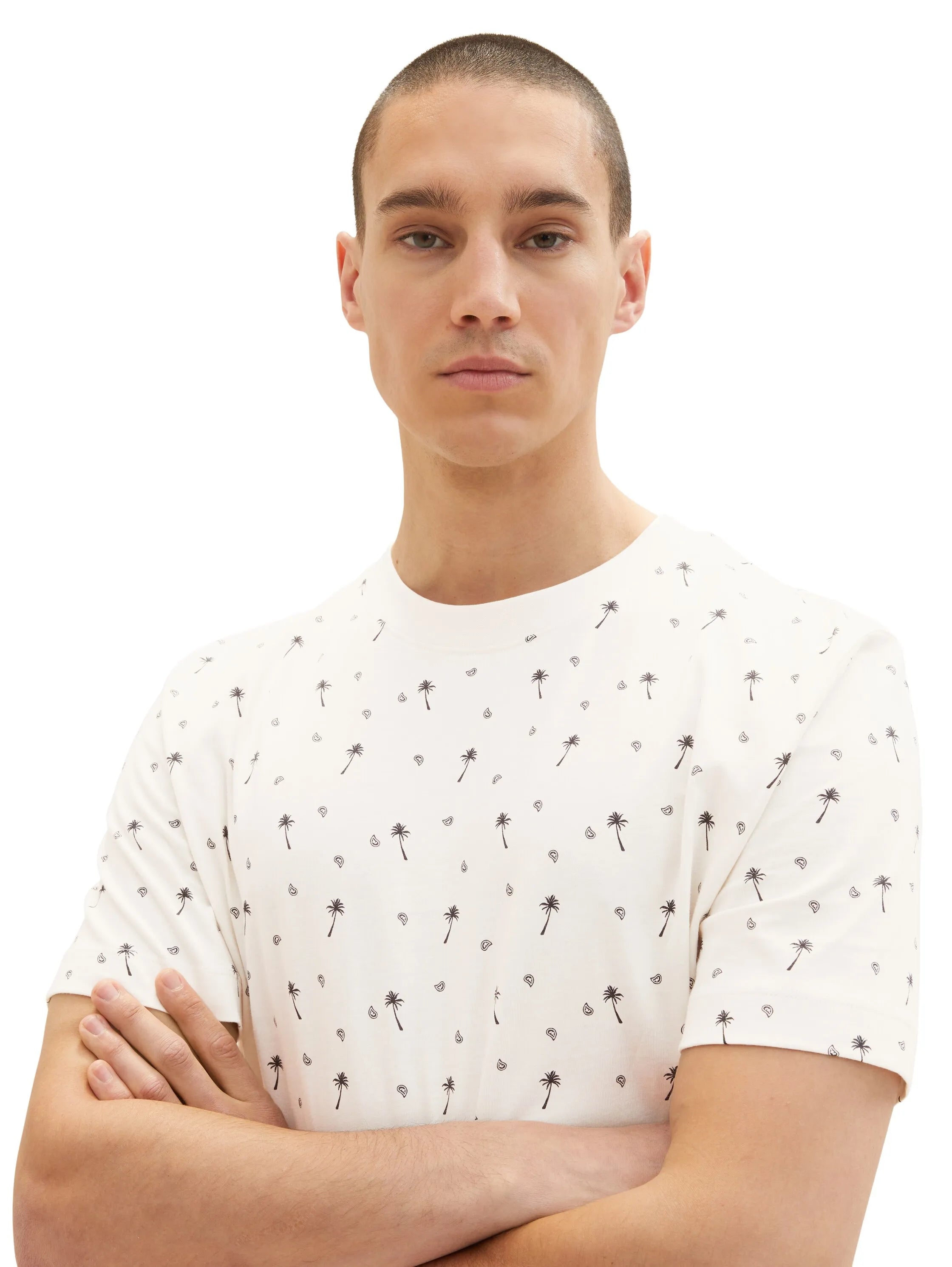 Denim Tom Tailor White Black Mini Palm Paisley Men Regular Fit Short-Sleeved T-Shirt SKU: 1036482_31910 Image 02