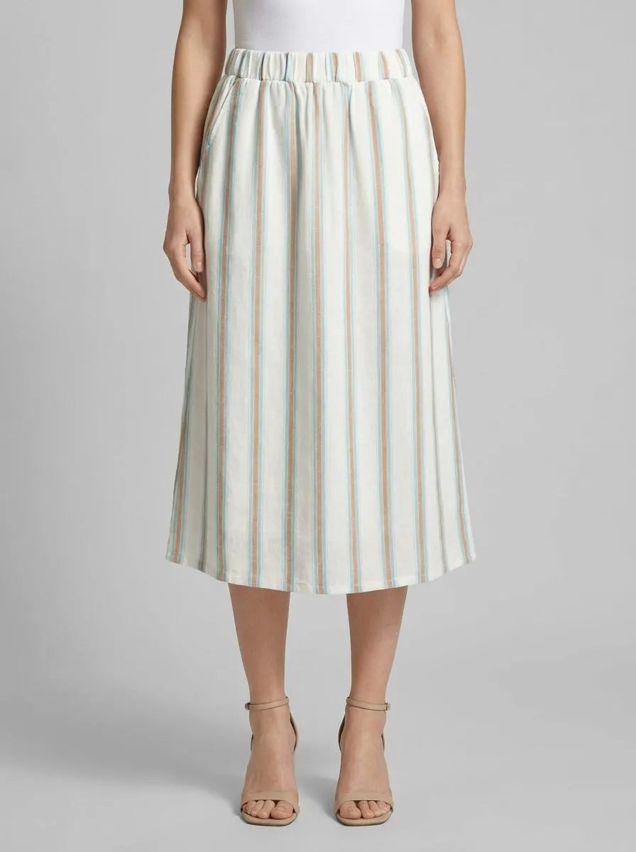 Tom Tailor Offwhite Brown Vertical Stripe Women Midi Skirt with Linen SKU: 1036678_31948 Image 00