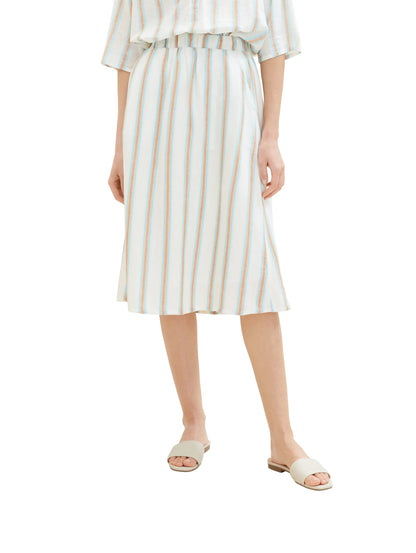 Tom Tailor Offwhite Brown Vertical Stripe Women Midi Skirt with Linen SKU: 1036678_31948 Image 01