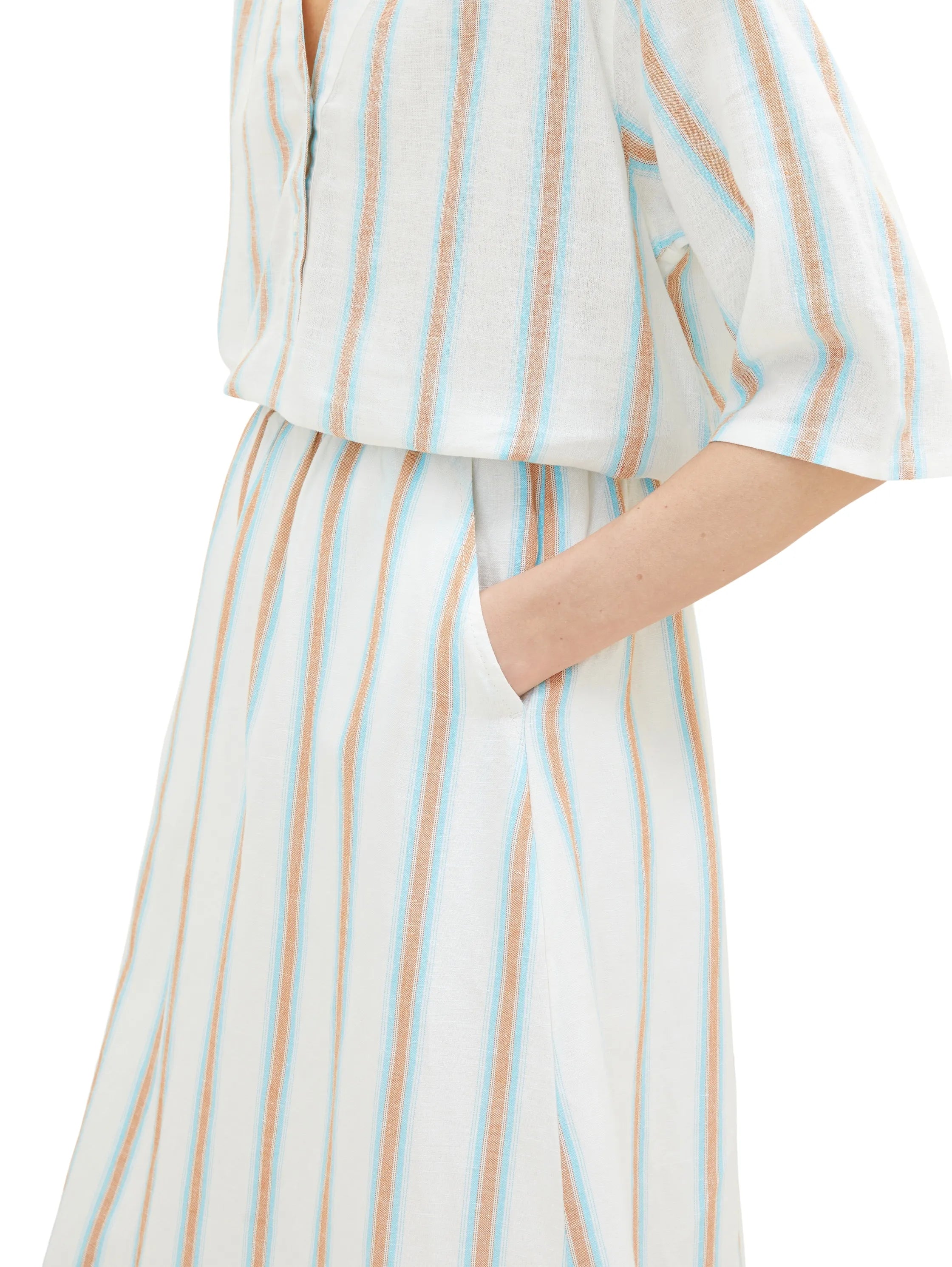 Tom Tailor Offwhite Brown Vertical Stripe Women Midi Skirt with Linen SKU: 1036678_31948 Image 02