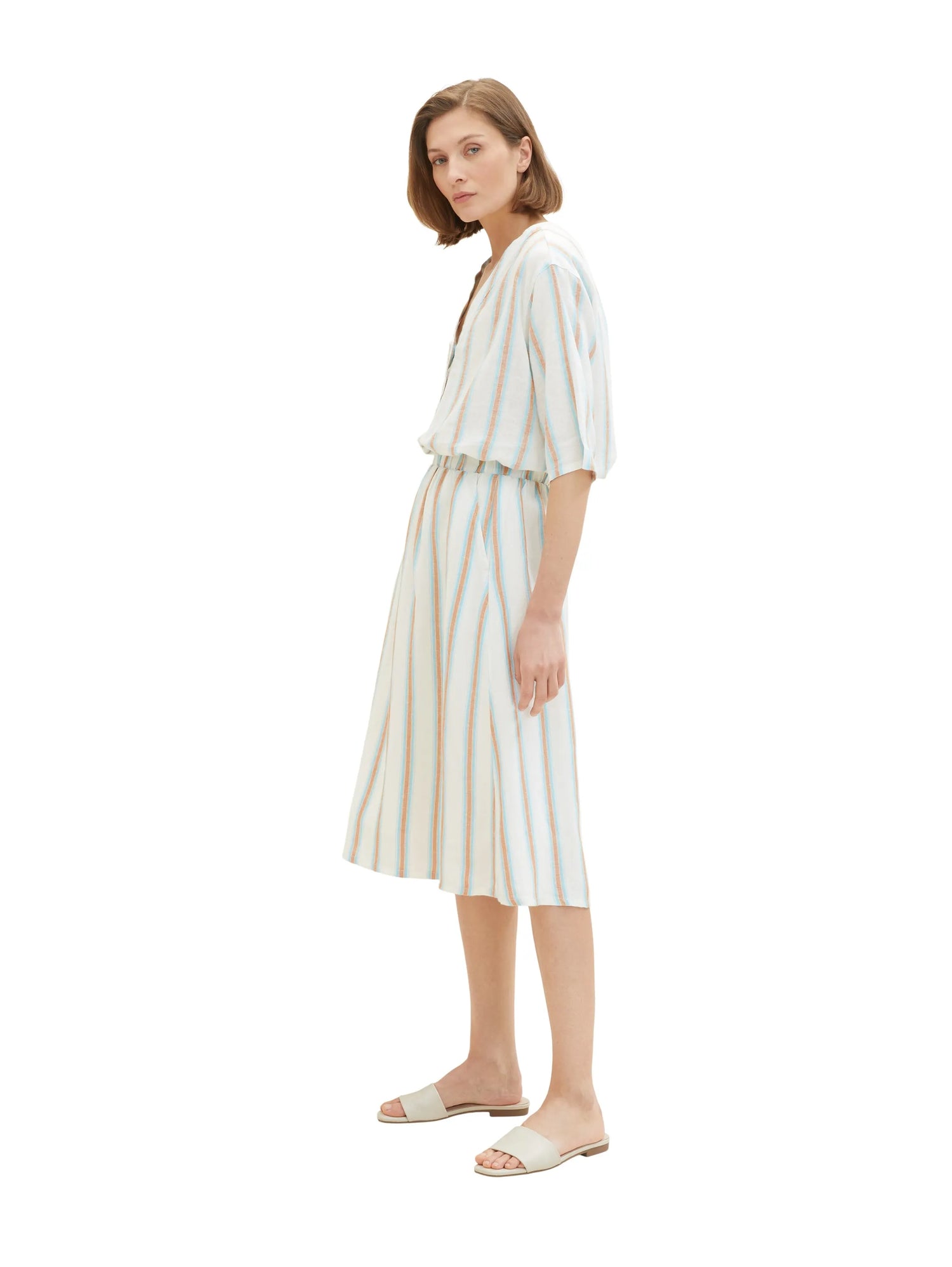 Tom Tailor Offwhite Brown Vertical Stripe Women Midi Skirt with Linen SKU: 1036678_31948 Image 03