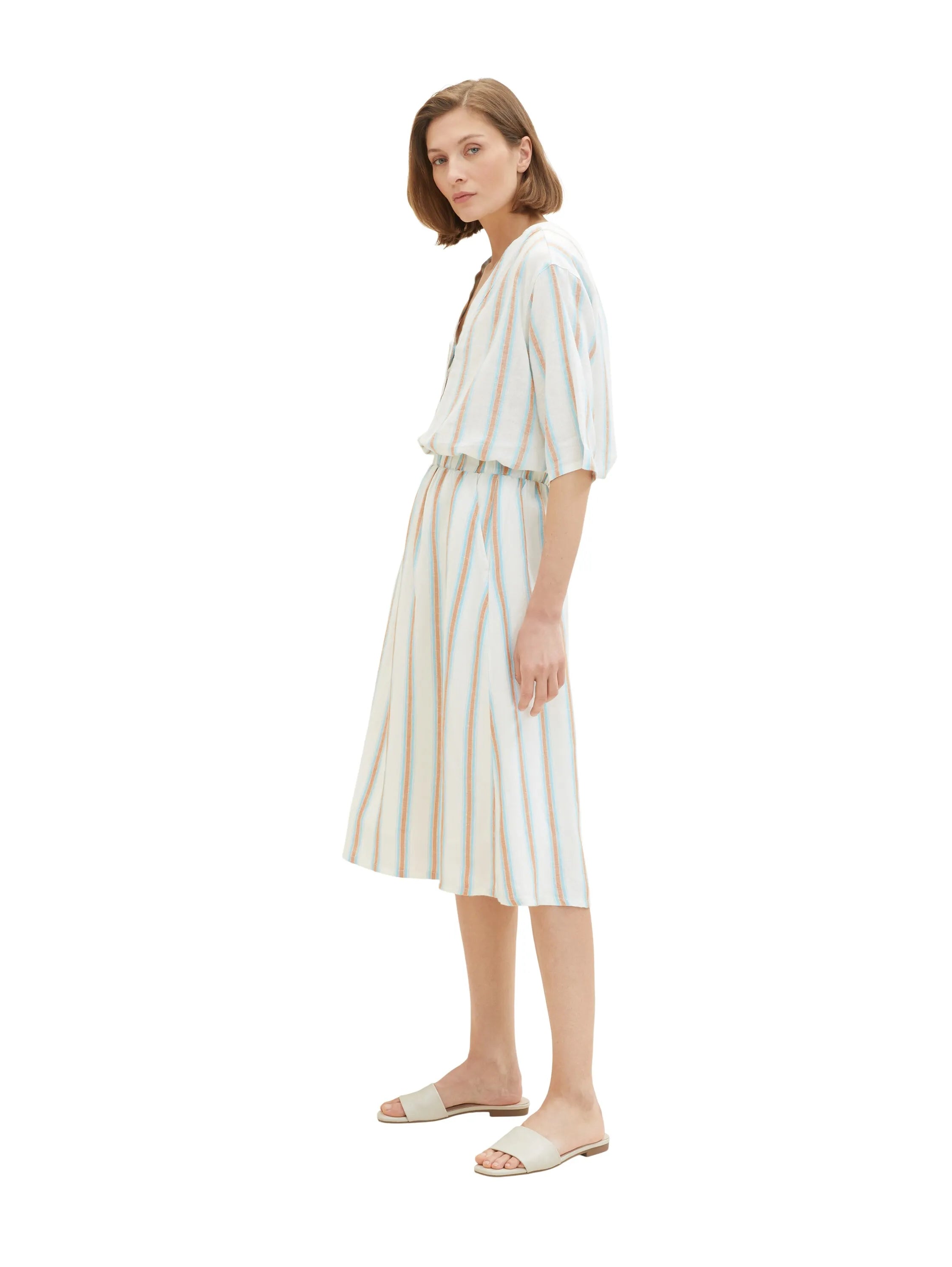 Tom Tailor Offwhite Brown Vertical Stripe Women Midi Skirt with Linen SKU: 1036678_31948 Image 03