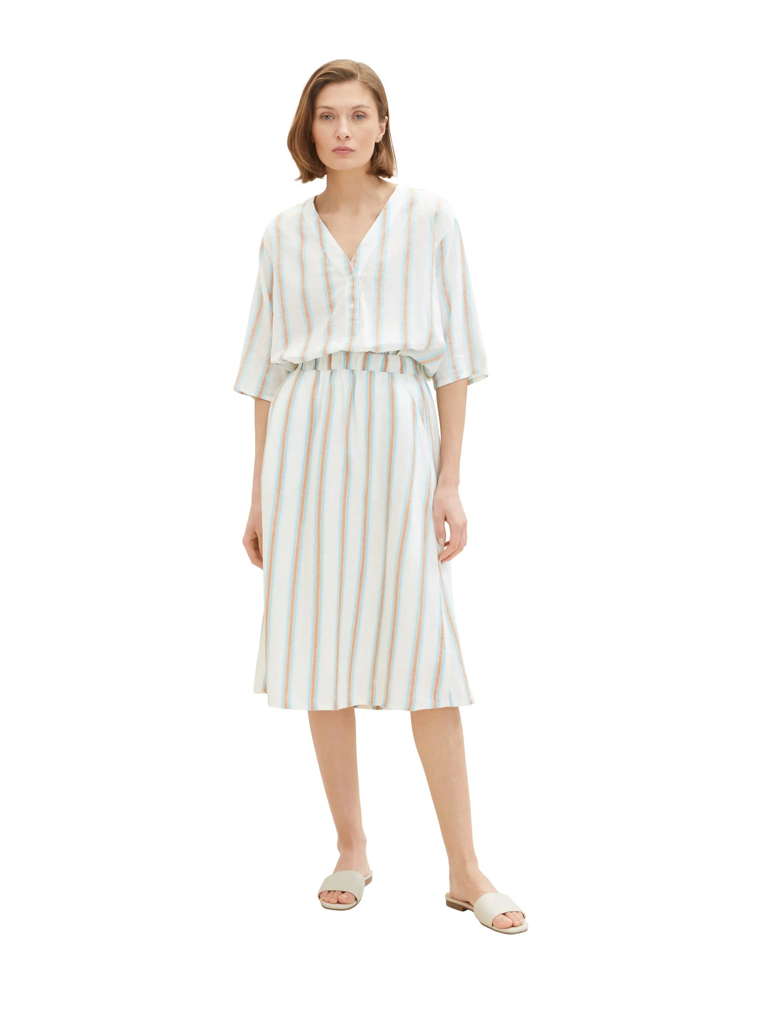 Tom Tailor Offwhite Brown Vertical Stripe Women Midi Skirt with Linen SKU: 1036678_31948 Image 06