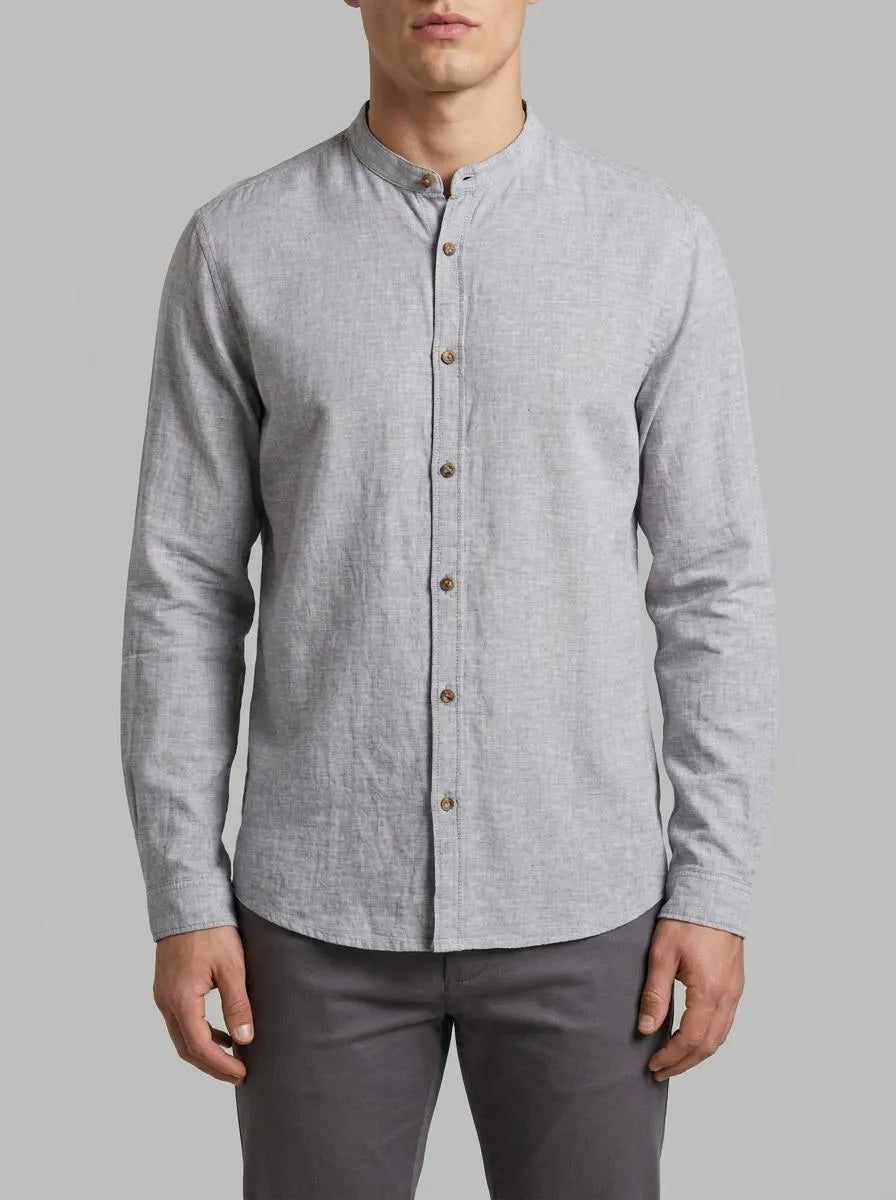 Tom Tailor Smokey Olive Green Chambray Men Shirt with Linen SKU: 1040140_34607 Image 00