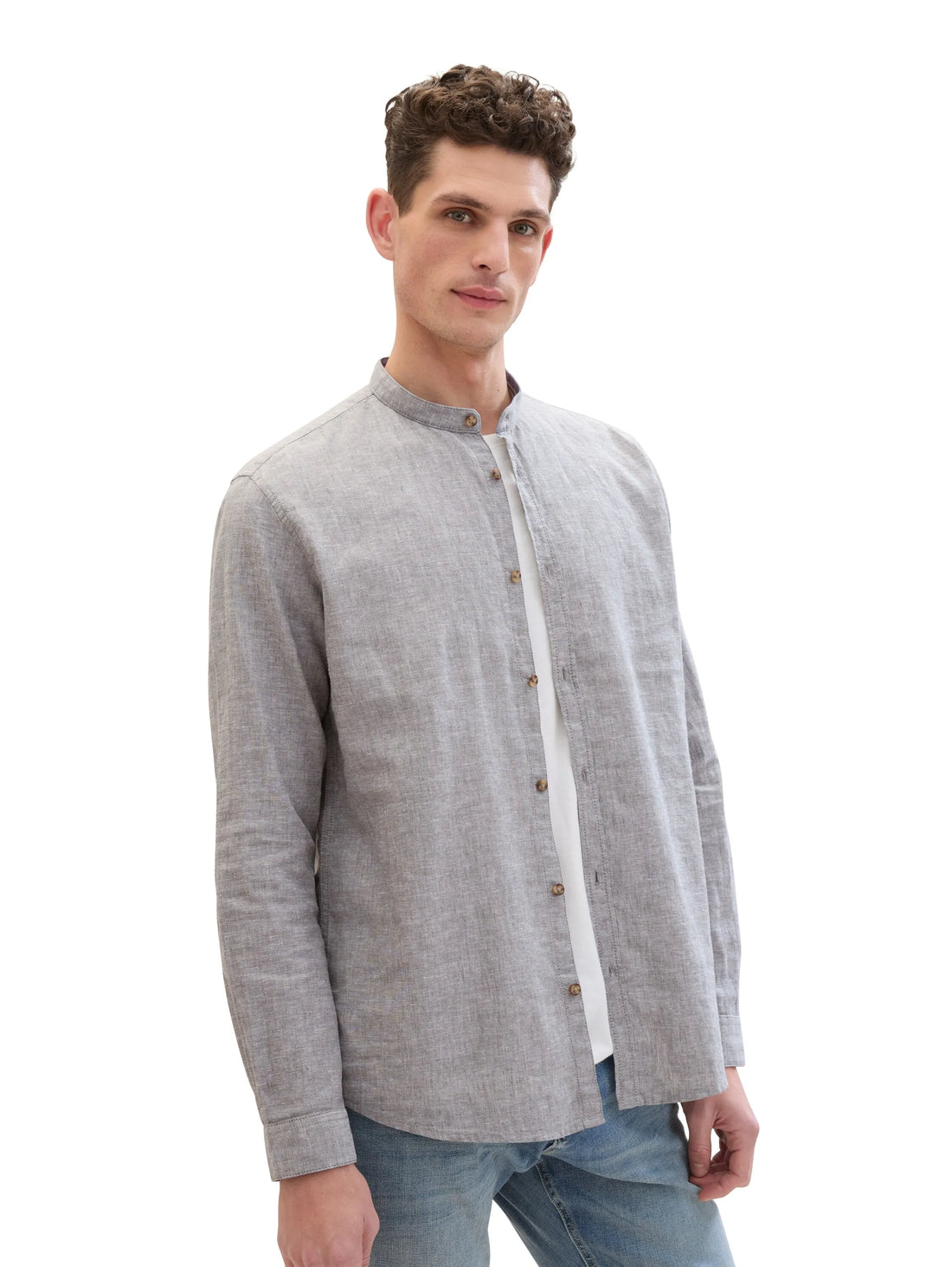 Tom Tailor Smokey Olive Green Chambray Men Shirt with Linen SKU: 1040140_34607 Image 01