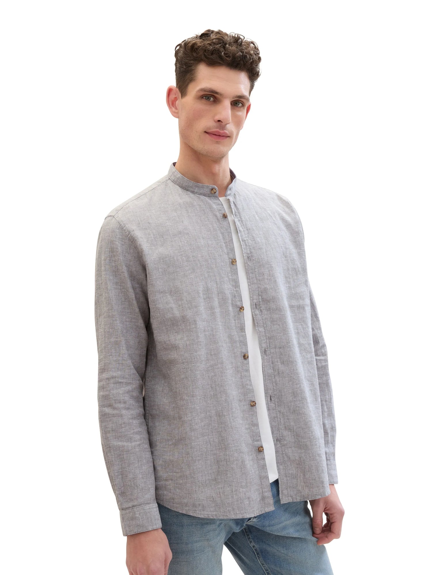 Tom Tailor Smokey Olive Green Chambray Men Shirt with Linen SKU: 1040140_34607 Image 01