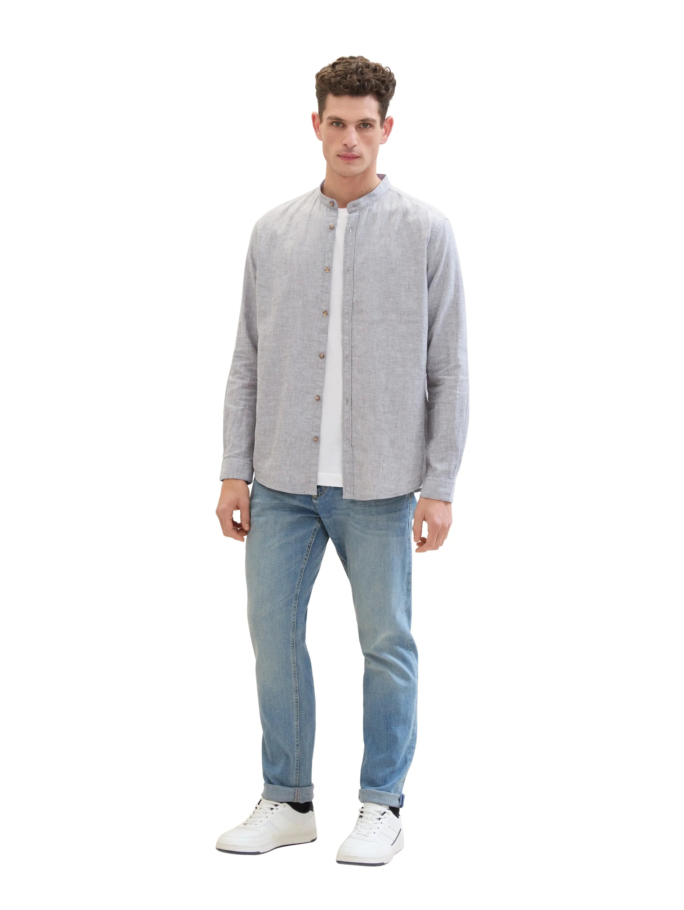 Tom Tailor Smokey Olive Green Chambray Men Shirt with Linen SKU: 1040140_34607 Image 02