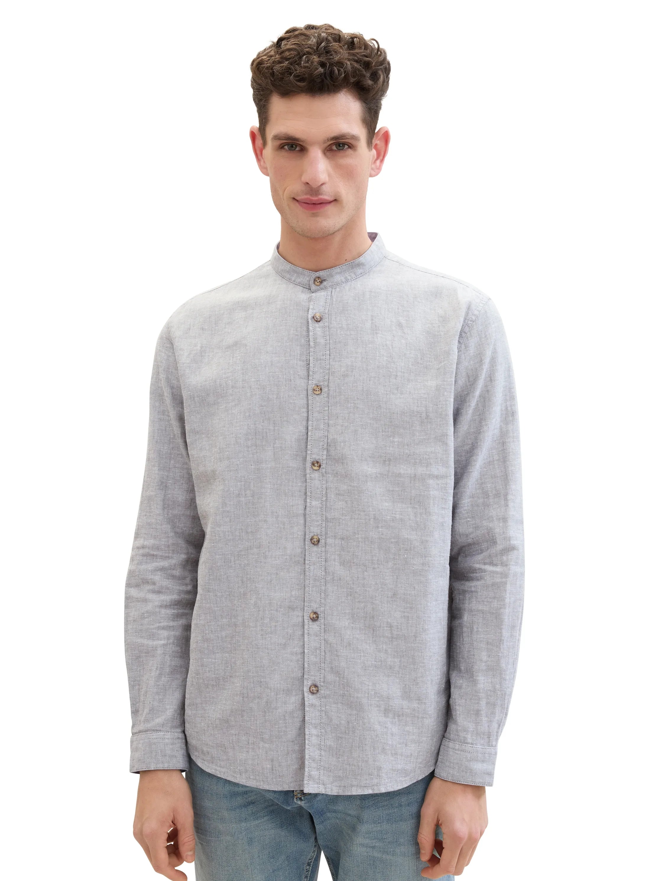 Tom Tailor Smokey Olive Green Chambray Men Shirt with Linen SKU: 1040140_34607 Image 04