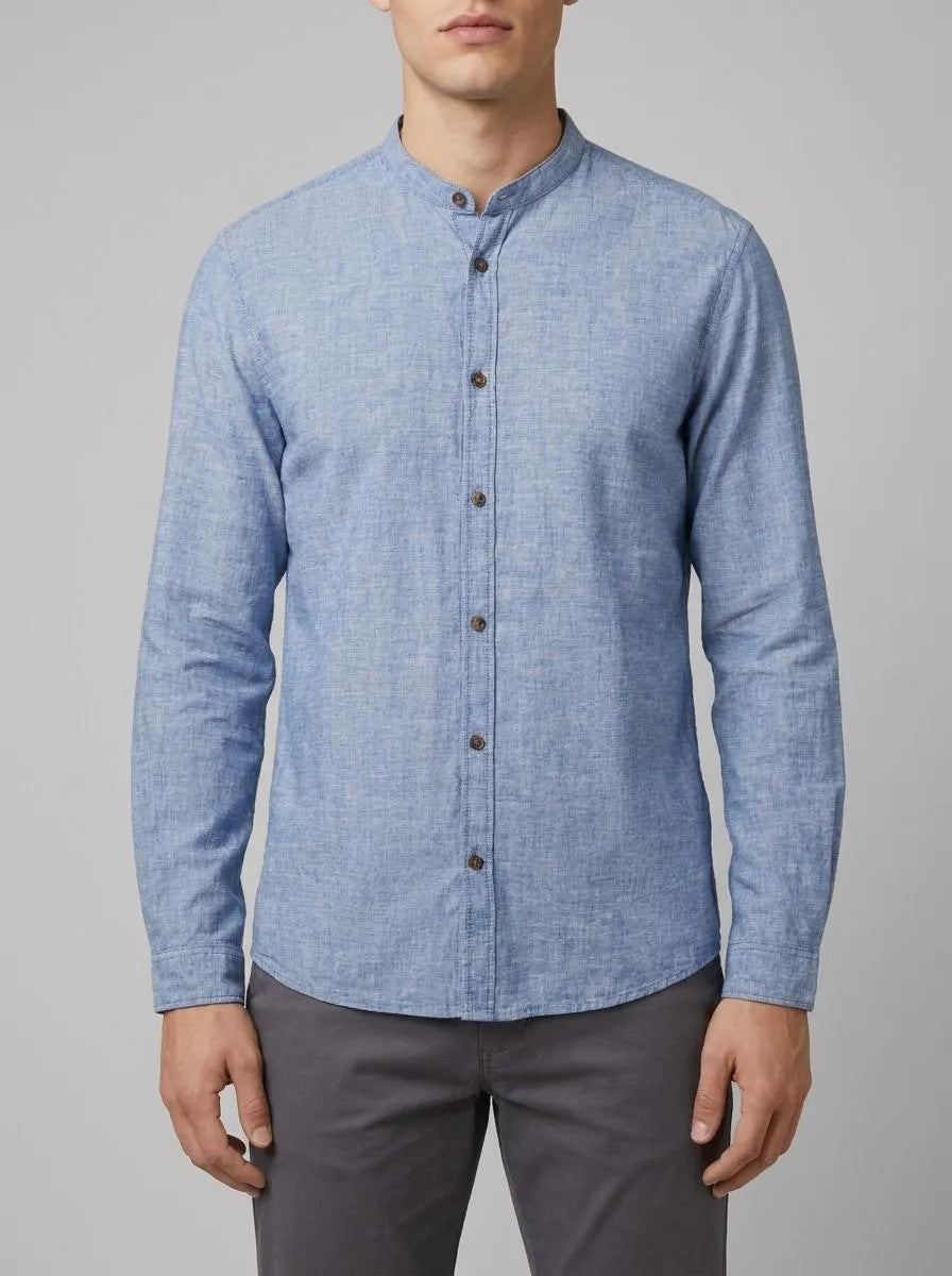 Tom Tailor Leasure Blue Chambray Men Shirt with Linen SKU: 1040140_34922 Image 00