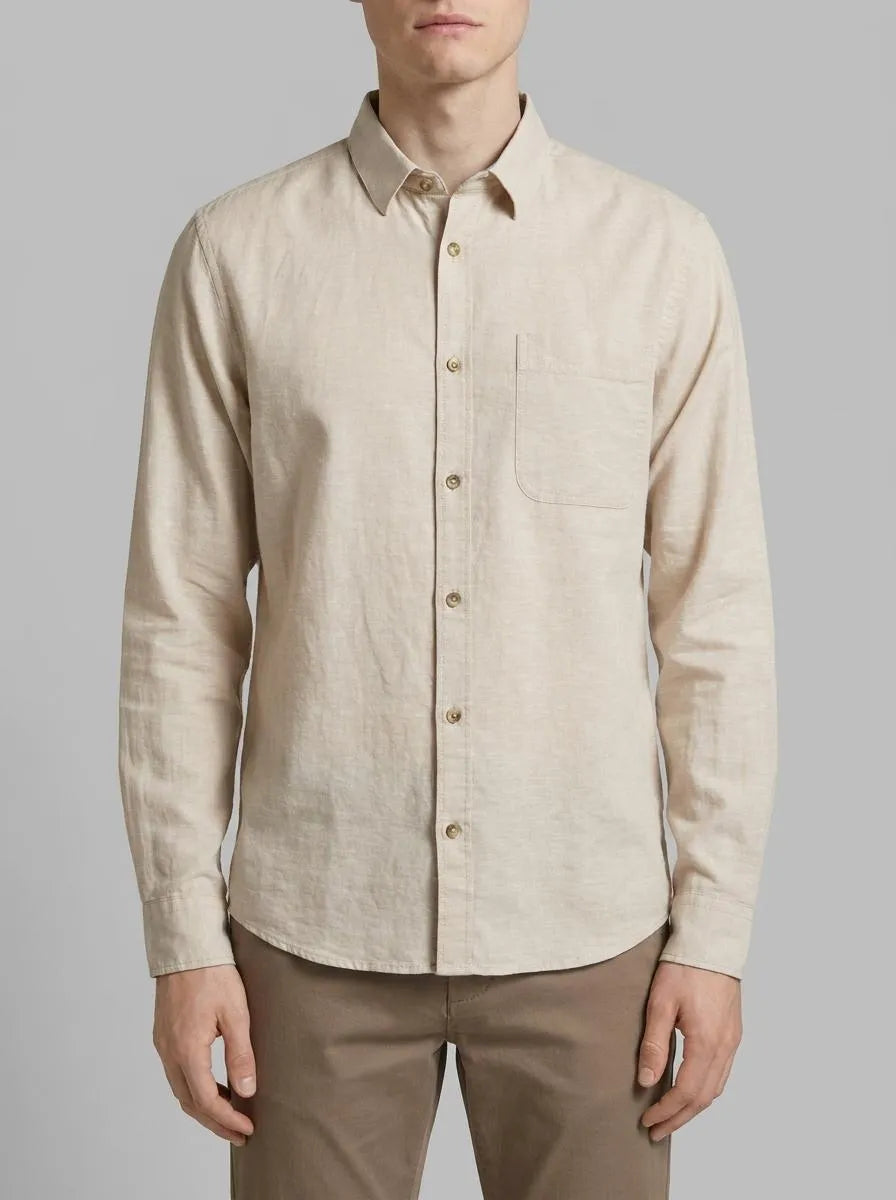 Tom Tailor Caramel Beige Chambray Men Regular-Fit Shirt with Linen SKU: 1040141_31235 Image 00