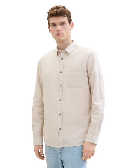 Tom Tailor Caramel Beige Chambray Men Regular-Fit Shirt with Linen SKU: 1040141_31235 Image 04