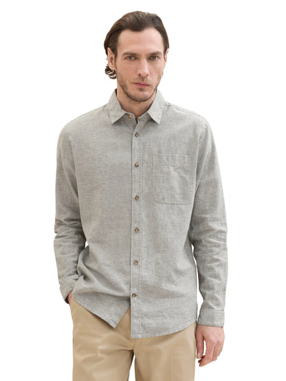 Tom Tailor Smokey Olive Green Chambray Men Regular-Fit Shirt with Linen SKU: 1040141_34607 Image 04