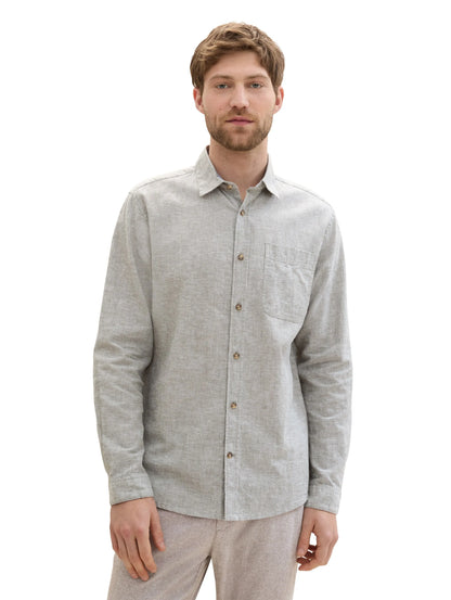 Tom Tailor Smokey Olive Green Chambray Men Regular-Fit Shirt with Linen SKU: 1040141_34607 Image 06