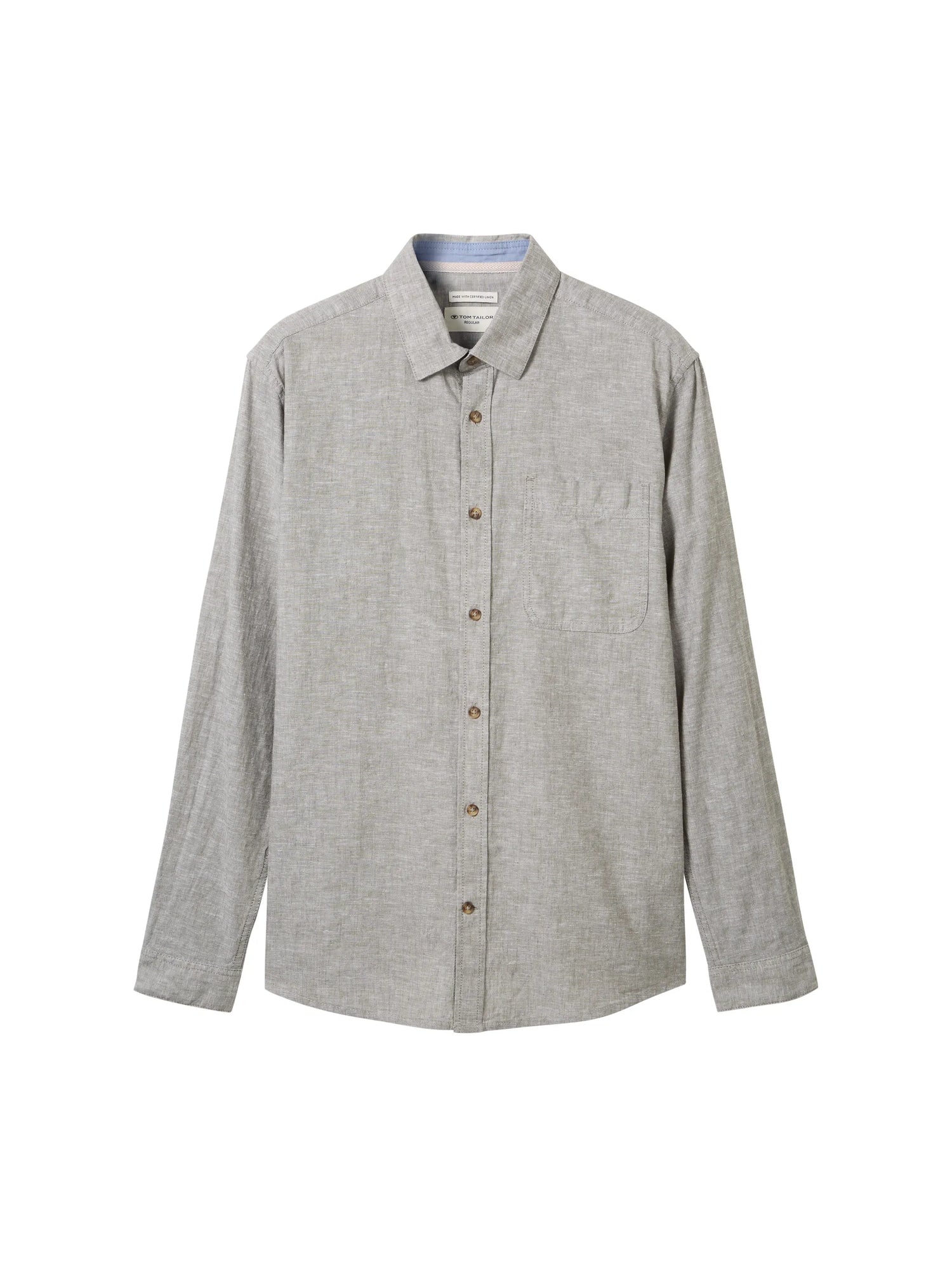 Tom Tailor Smokey Olive Green Chambray Men Regular-Fit Shirt with Linen SKU: 1040141_34607 Image 07