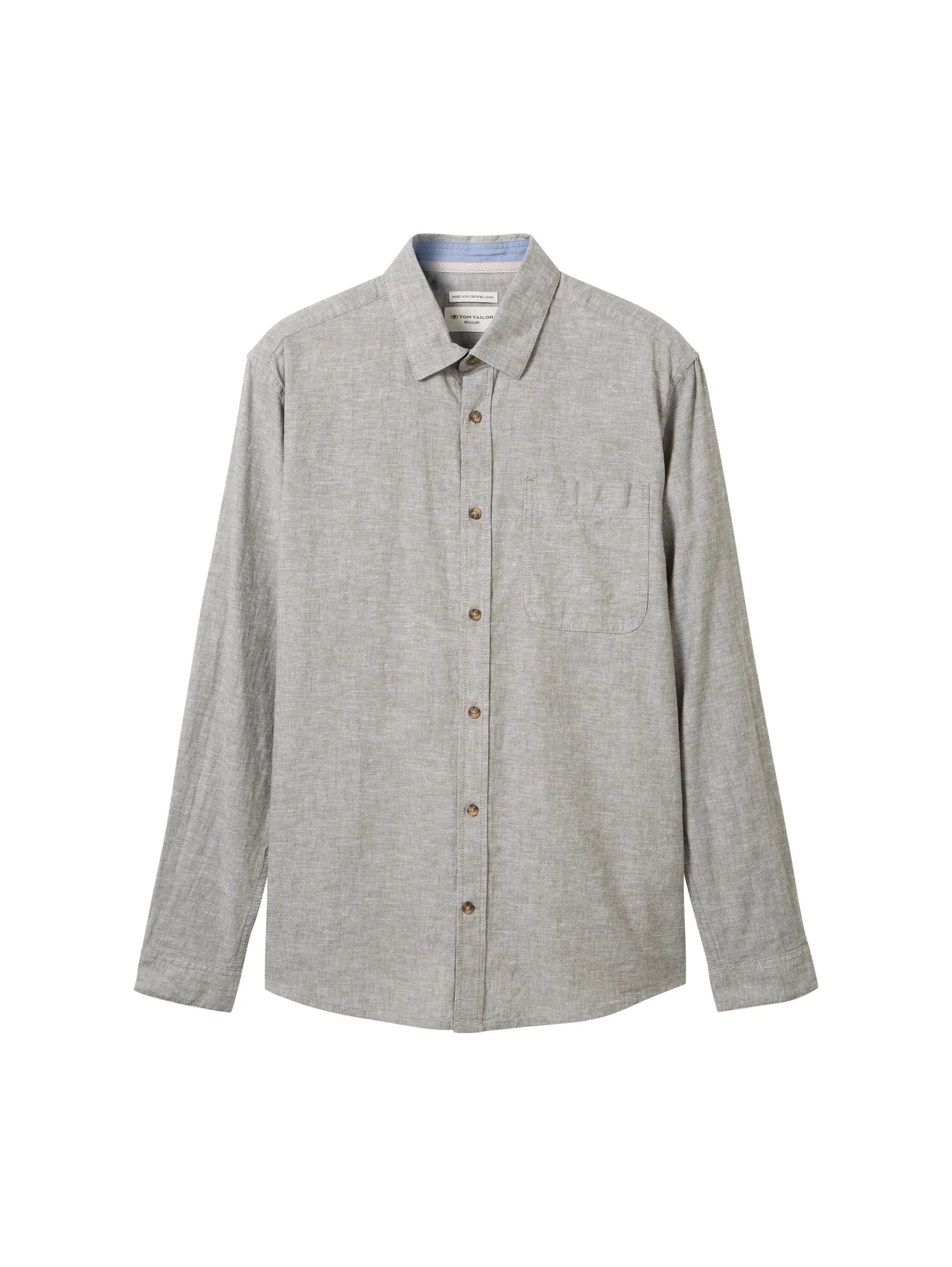 Tom Tailor Smokey Olive Green Chambray Men Regular-Fit Shirt with Linen SKU: 1040141_34607 Image 07