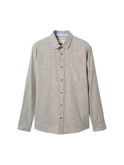 Tom Tailor Smokey Olive Green Chambray Men Regular-Fit Shirt with Linen SKU: 1040141_34607 Image 07