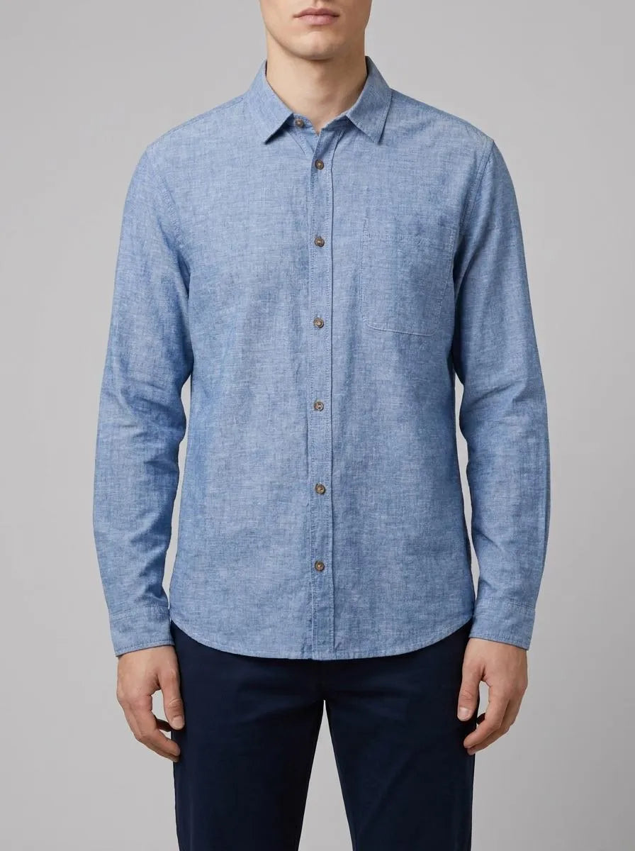 Tom Tailor Leasure Blue Chambray Men Regular-Fit Shirt with Linen SKU: 1040141_34922 Image 00