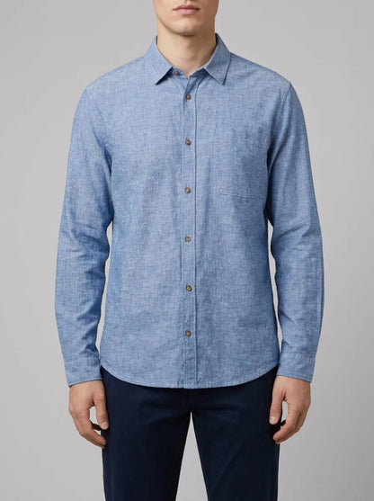 Tom Tailor Leasure Blue Chambray Men Regular-Fit Shirt with Linen SKU: 1040141_34922 Image 00