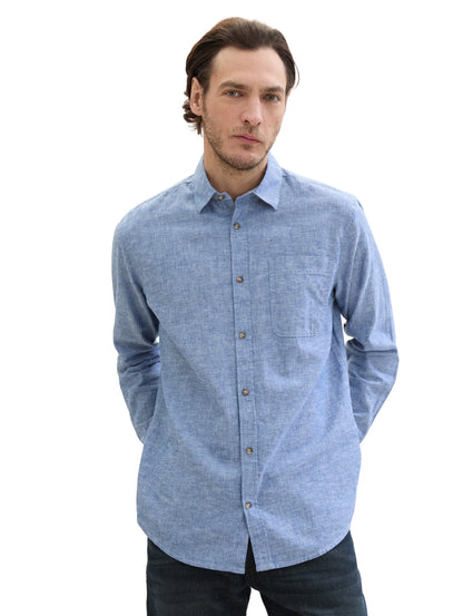 Tom Tailor Leasure Blue Chambray Men Regular-Fit Shirt with Linen SKU: 1040141_34922 Image 01