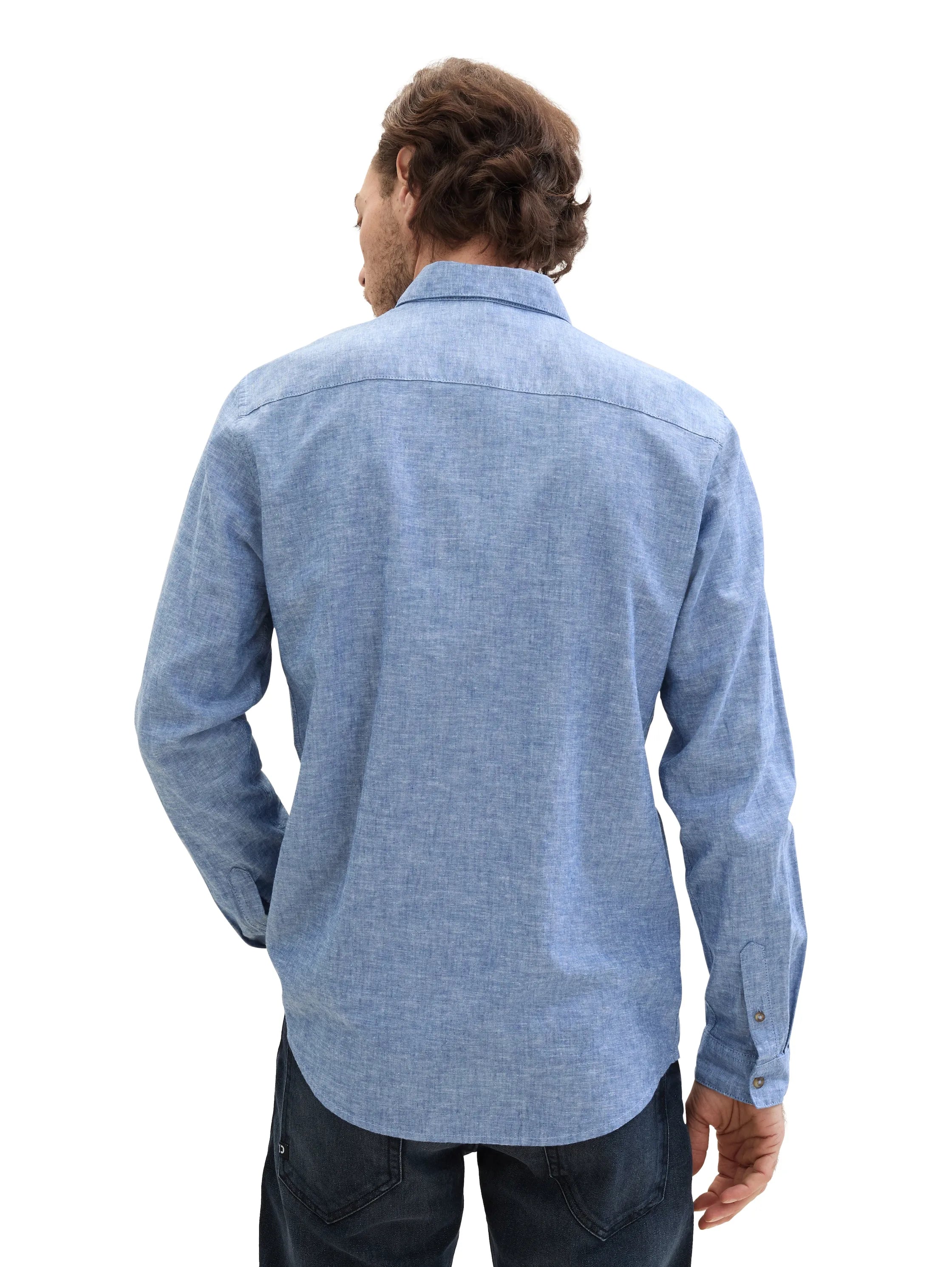 Tom Tailor Leasure Blue Chambray Men Regular-Fit Shirt with Linen SKU: 1040141_34922 Image 03