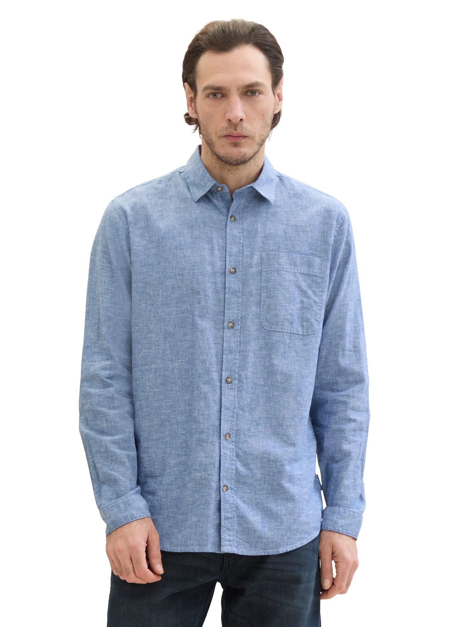 Tom Tailor Leasure Blue Chambray Men Regular-Fit Shirt with Linen SKU: 1040141_34922 Image 04