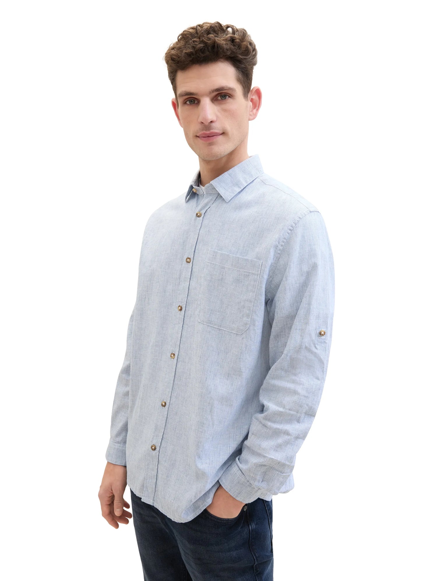 Tom Tailor Blue Fine Stripe Men Shirt with Linen SKU: 1040142_34918 Image 01
