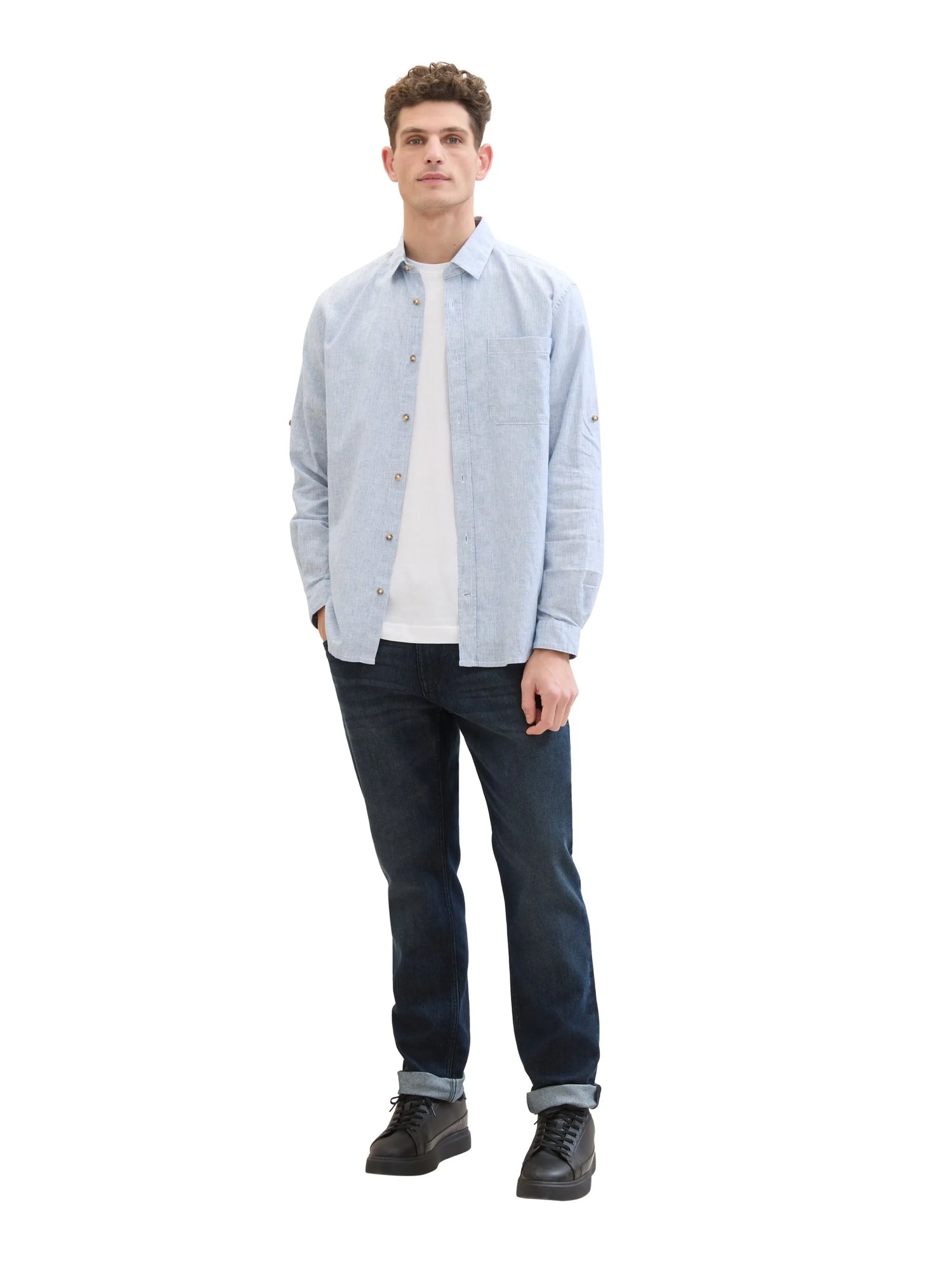Tom Tailor Blue Fine Stripe Men Shirt with Linen SKU: 1040142_34918 Image 02