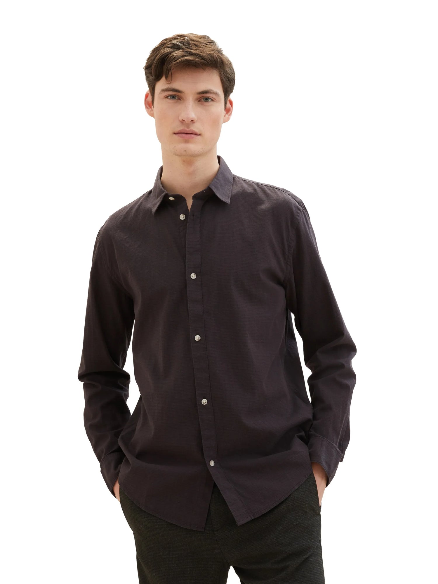 Tom Tailor Black Herringbone Structure Men Regular Fit Long-Sleeved Dress Shirt SKU: 1040148_34773 Image 01