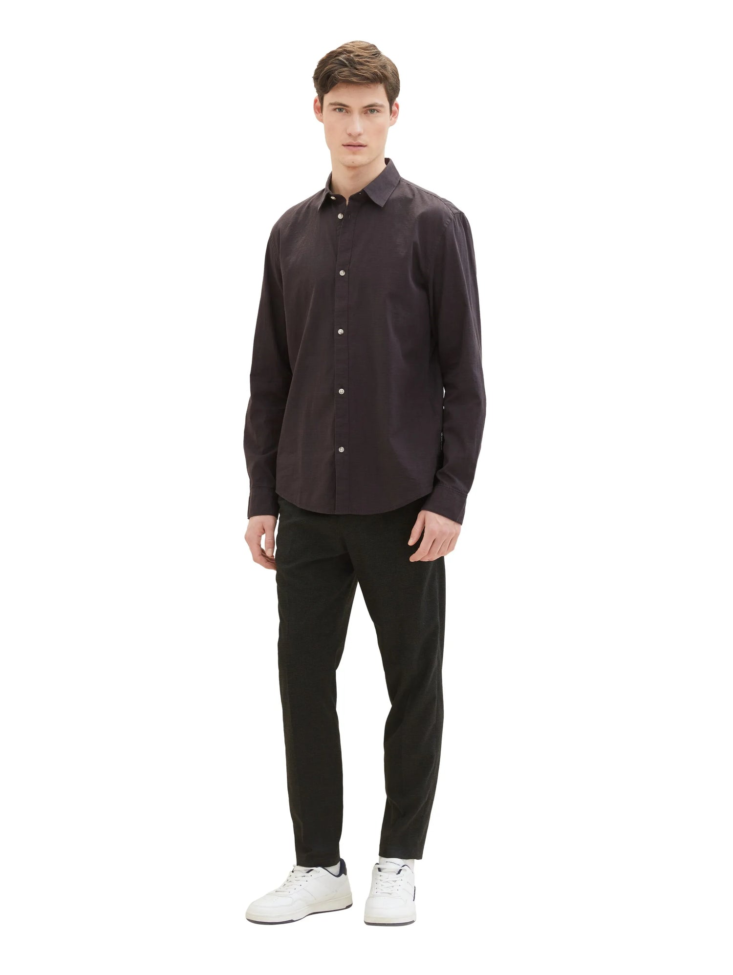Denim Tom Tailor Black Herringbone Structure Men Regular Fit Long-Sleeved Dress Shirt SKU: 1040148_34773 Image 02