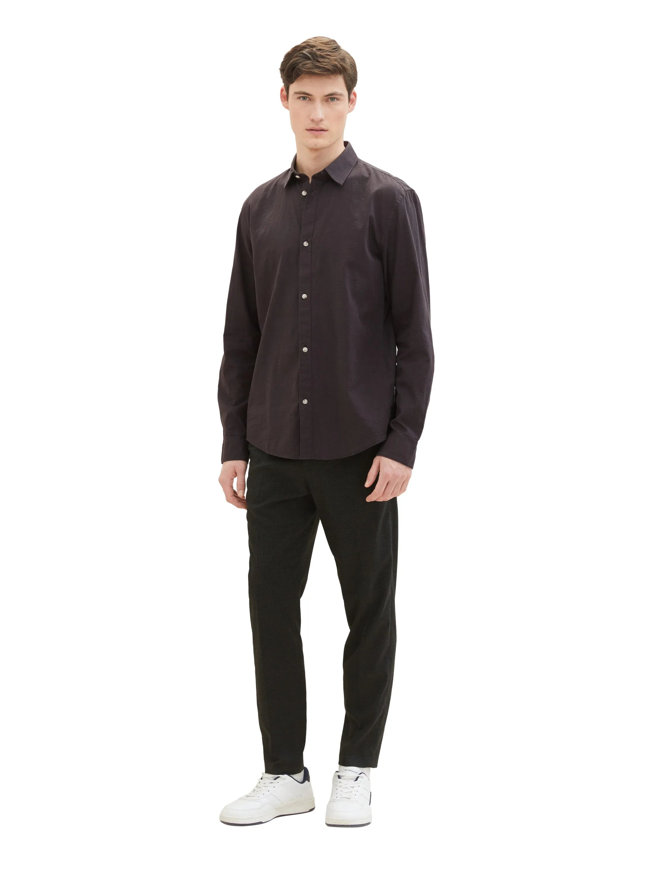 Denim Tom Tailor Black Herringbone Structure Men Regular Fit Long-Sleeved Dress Shirt SKU: 1040148_34773 Image 02