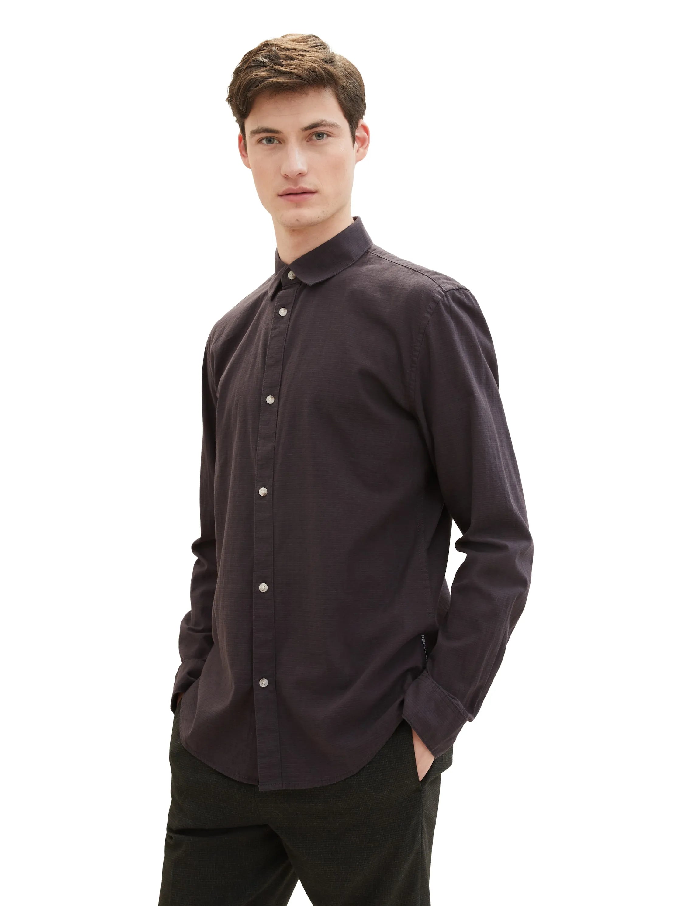 Denim Tom Tailor Black Herringbone Structure Men Regular Fit Long-Sleeved Dress Shirt SKU: 1040148_34773 Image 06