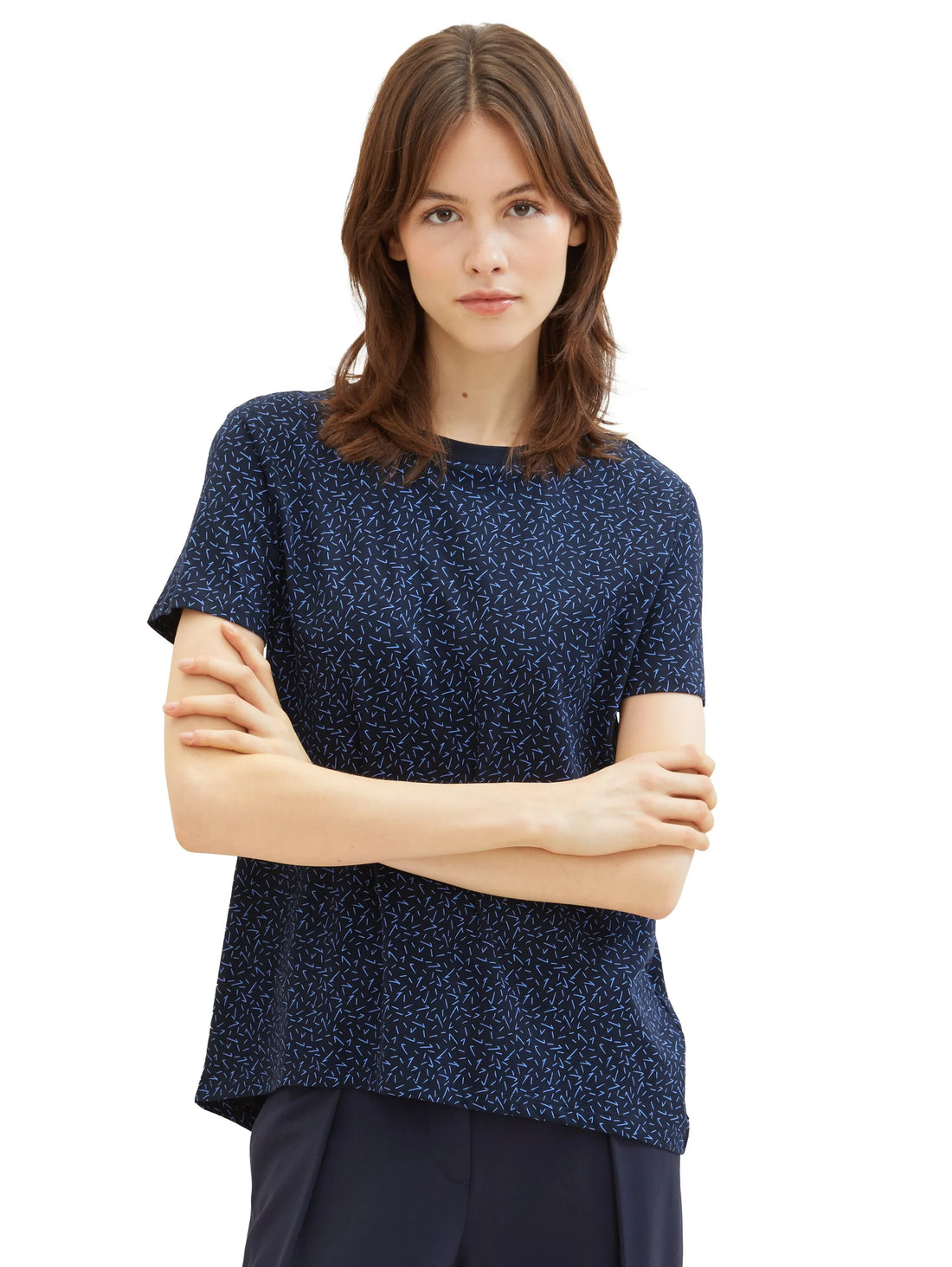 Tom Tailor Navy Blue Structure Print Women Loose Fit Cotton T-Shirt SKU: 1040183_34666 Image 01