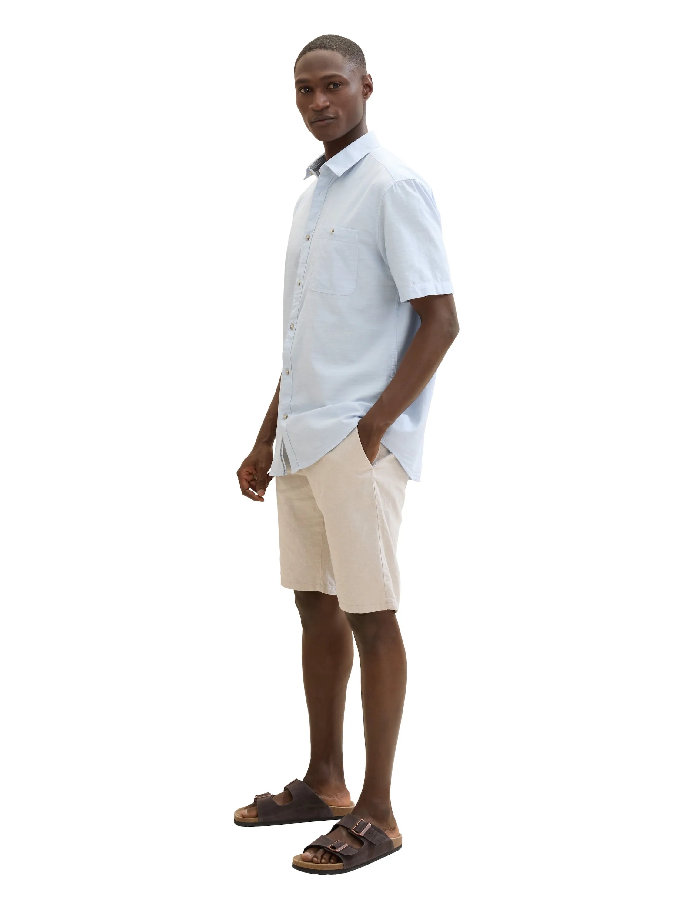 Tom Tailor Caramel Beige Chambray Men Regular Shorts with Linen SKU: 1040229_31235 Image 02