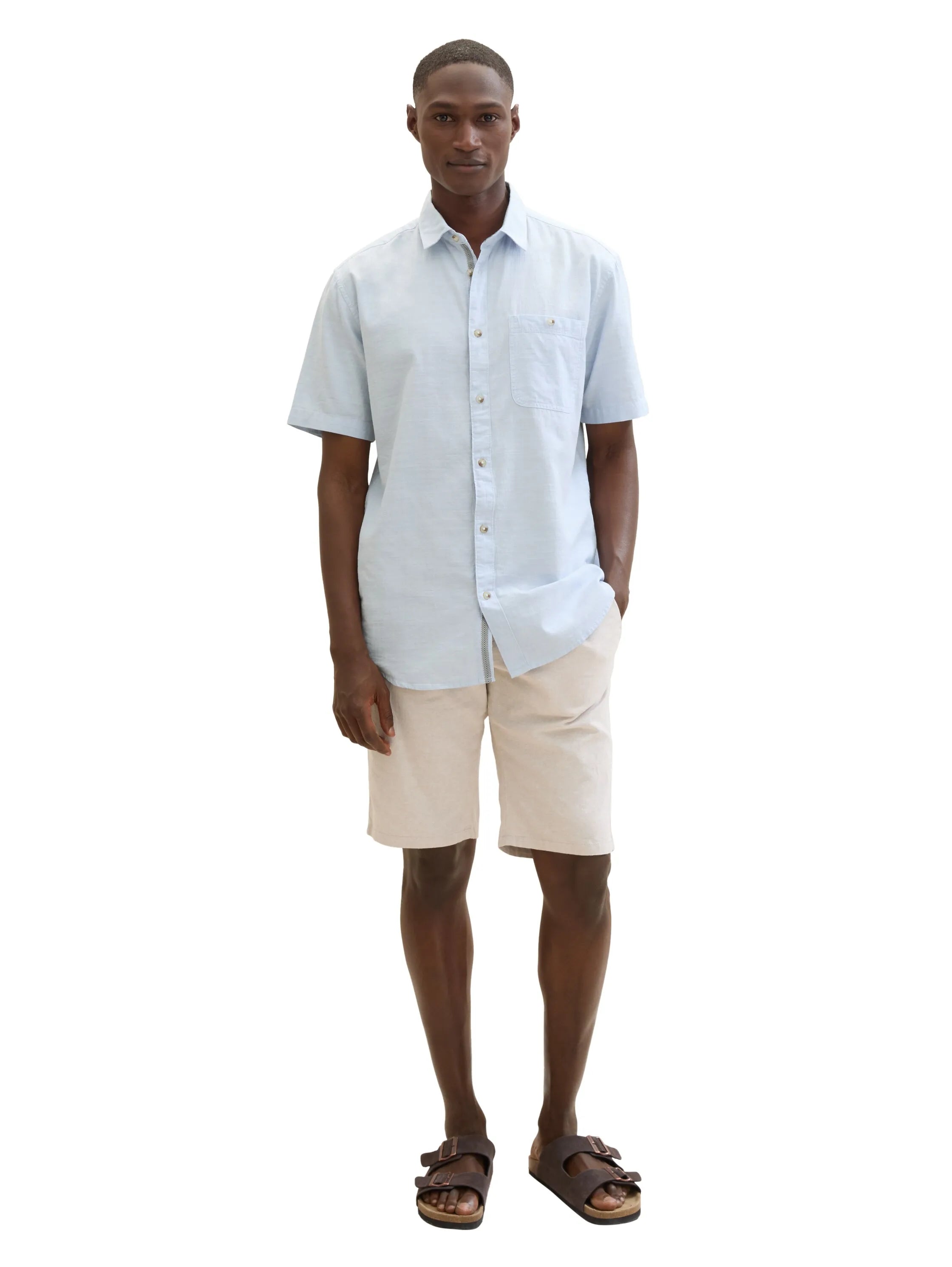 Tom Tailor Caramel Beige Chambray Men Regular Shorts with Linen SKU: 1040229_31235 Image 03