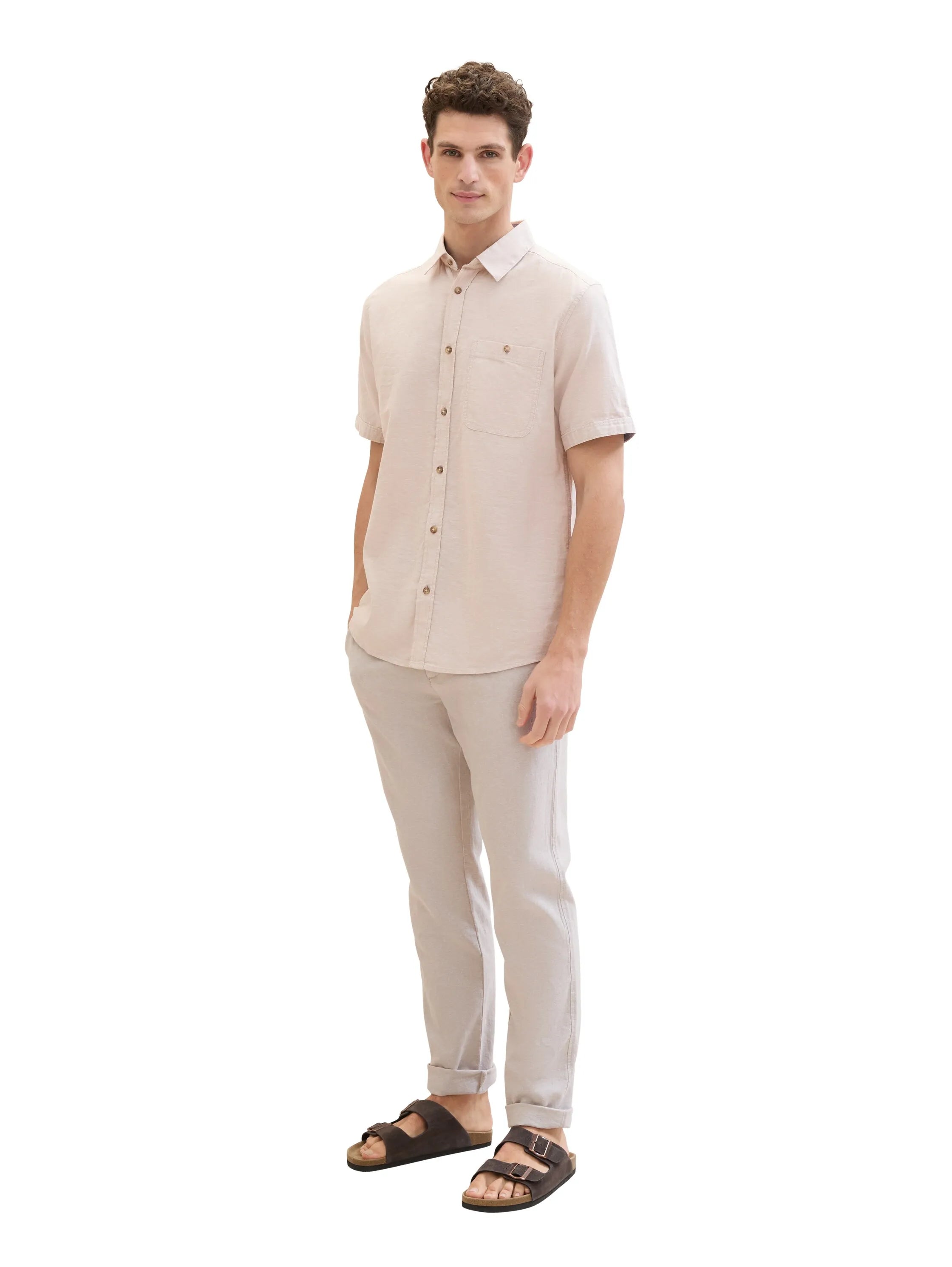Tom Tailor Caramel Beige Chambray Men Regular Chinos with Linen SKU: 1040230_31235 Image 03