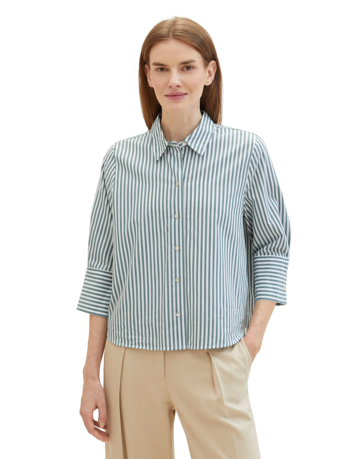 Tom Tailor Green Offwhite Vertical Stripe Women Striped Blouse with Tencelª Lyocell SKU: 1040316_34797 Image 01