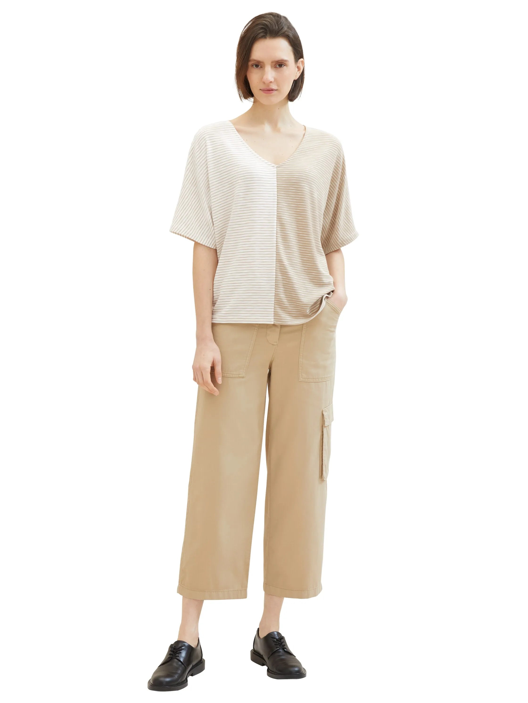 Tom Tailor Beige Offwhite Thin Stripe Women Striped T-Shirt SKU: 1040583_34836 Image 02