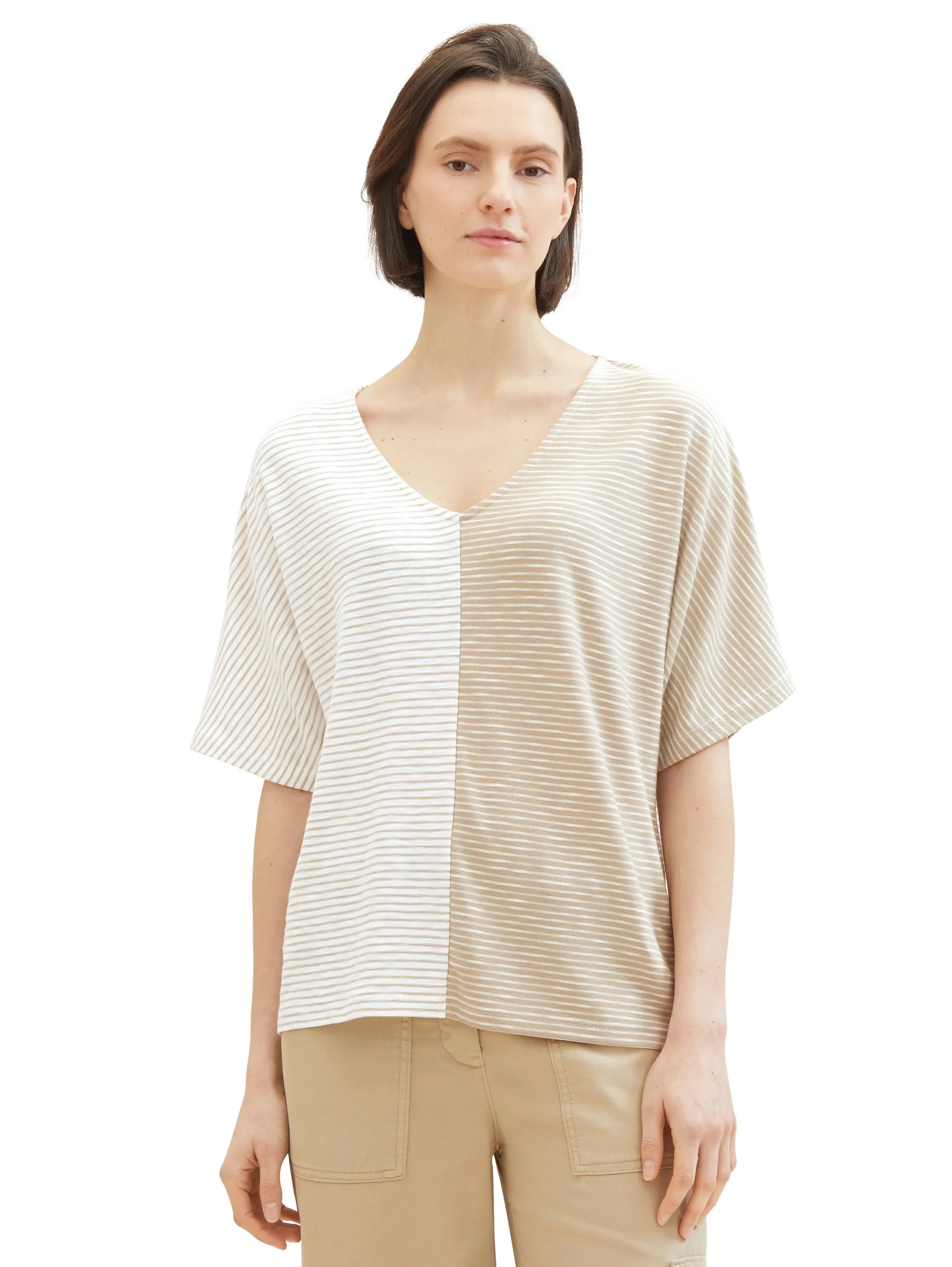 Tom Tailor Beige Offwhite Thin Stripe Women Striped T-Shirt SKU: 1040583_34836 Image 06
