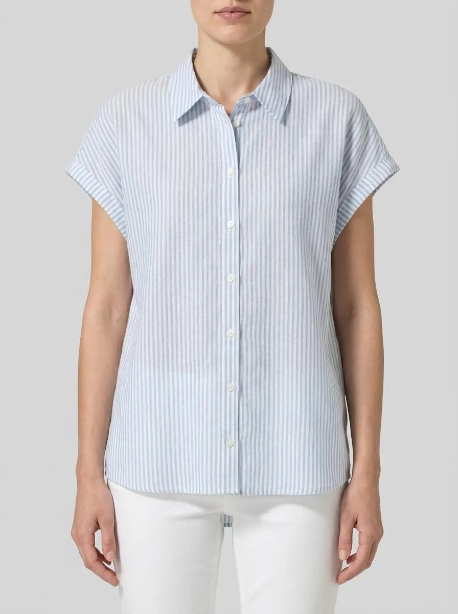 Denim Tom Tailor Blue White Strripe Women Striped Short-Sleeved Shirt SKU: 1040926_34878 Image 00