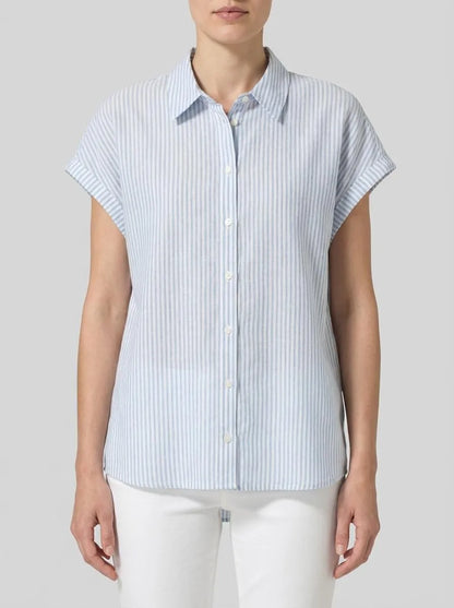 Denim Tom Tailor Blue White Strripe Women Striped Short-Sleeved Shirt SKU: 1040926_34878 Image 00