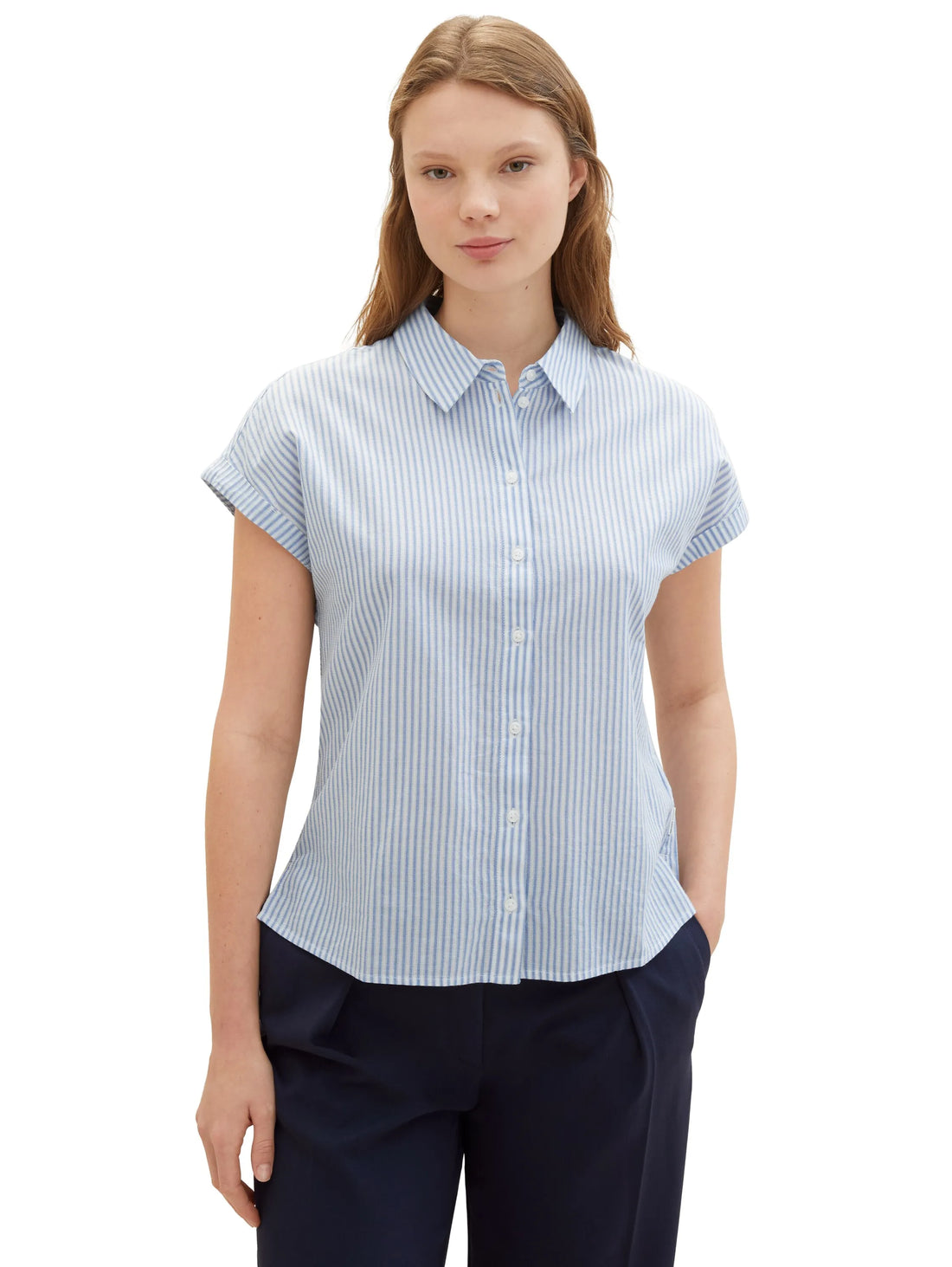 Denim Tom Tailor Blue White Strripe Women Striped Short-Sleeved Shirt SKU: 1040926_34878 Image 01