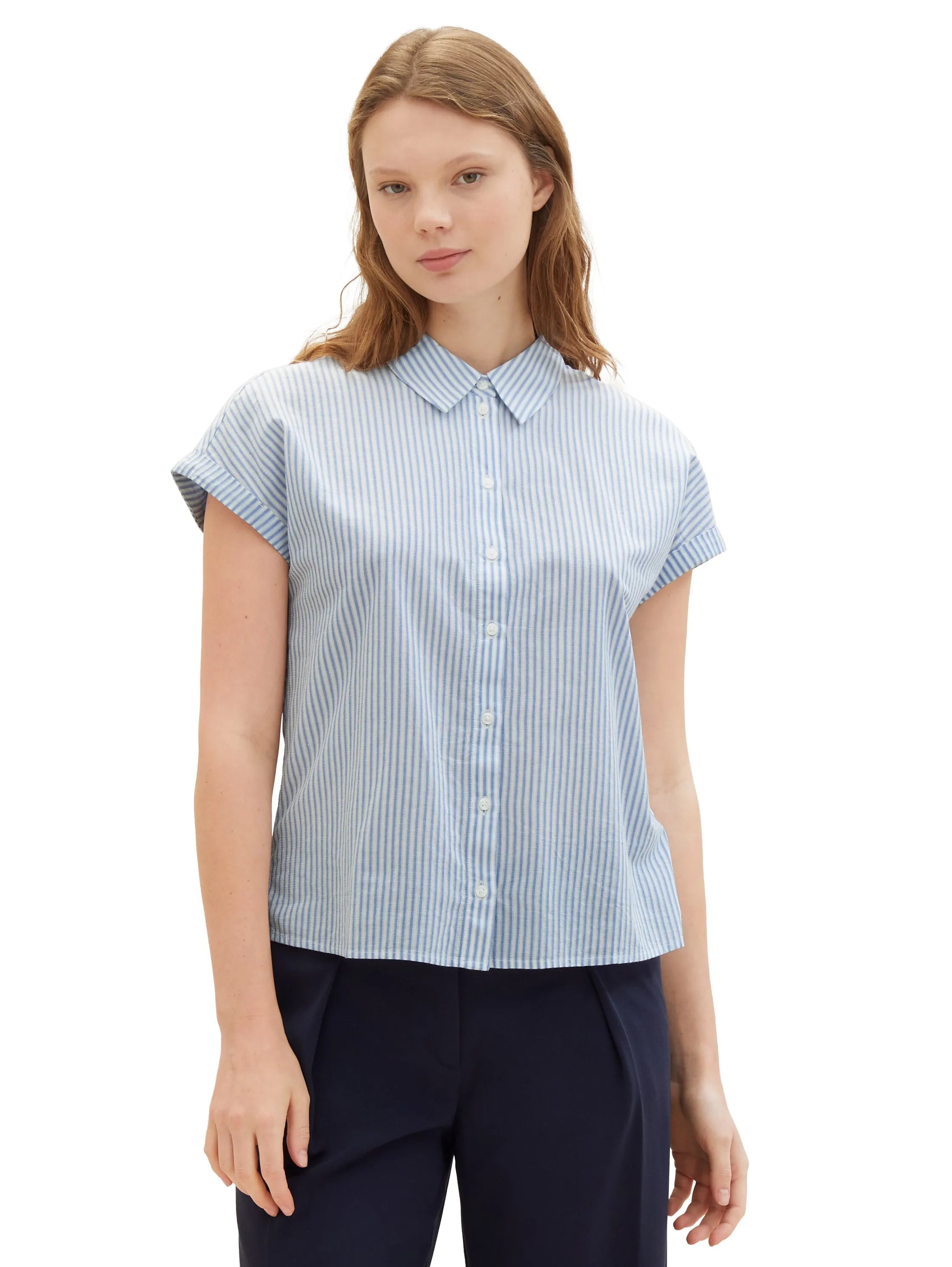 Denim Tom Tailor Blue White Strripe Women Striped Short-Sleeved Shirt SKU: 1040926_34878 Image 05